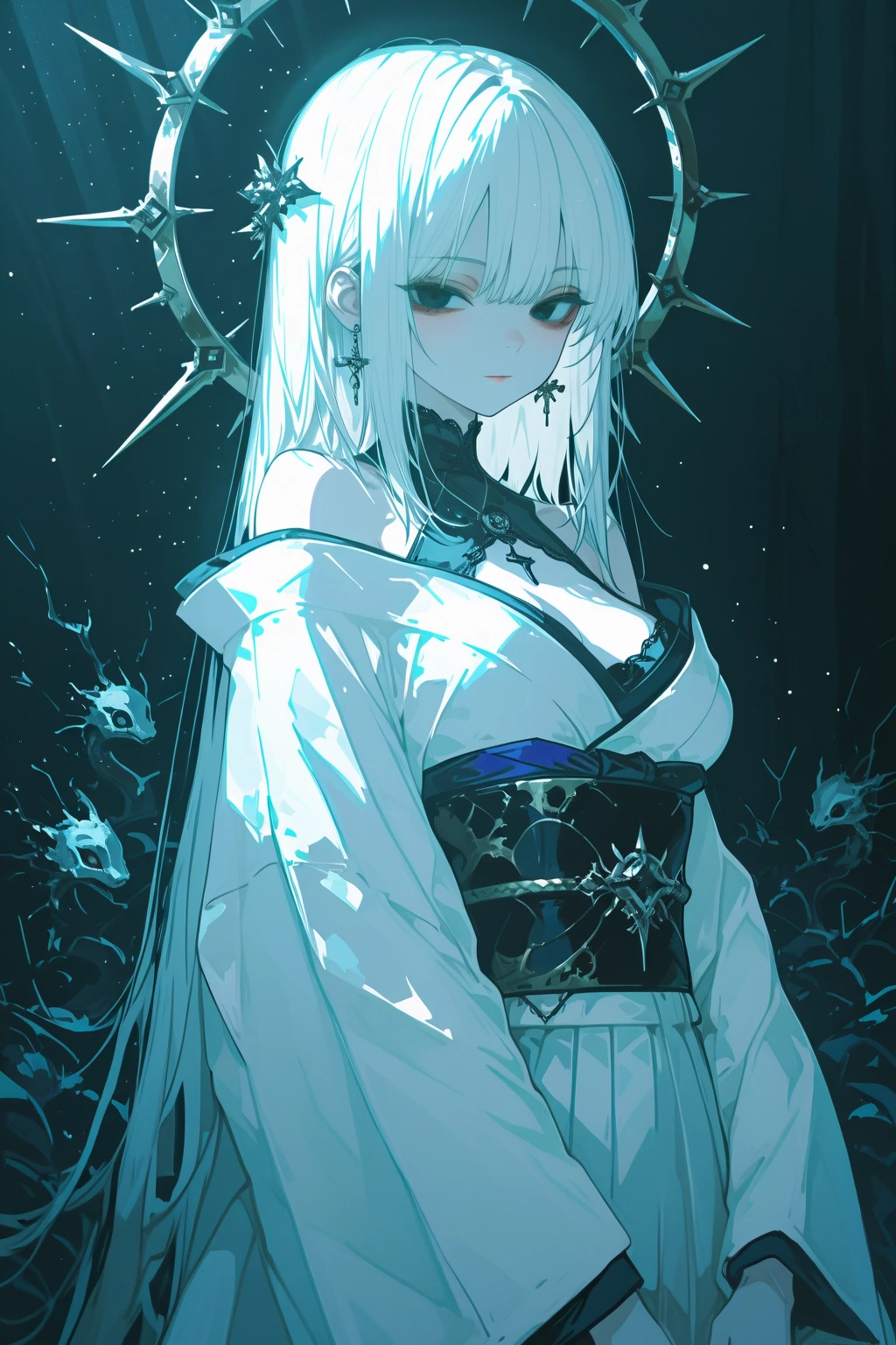 Query: masterpiece, best quality, as detailed as possible,(((extreme detail))), 1 girl, standing on the same level, long hair, white, dark, yin , yang, yin girl, yang girl, yin yang circle, body painting, side view, profile pose, (white skin:1.2), perfect detailed eyes looking down at the viewer, ((illustration)), medium chest, sparkling eyes, ((abyss background:1.0)), very dark background,  ((Godness:1.3))), ((godness dress:1.2)), (((yin yang style:1.2))), (((draw))), ((glow draw)), [neg: bad anatomy, broken body, broken fingers, broken arm, more than 2 arm, less then 2 arm]