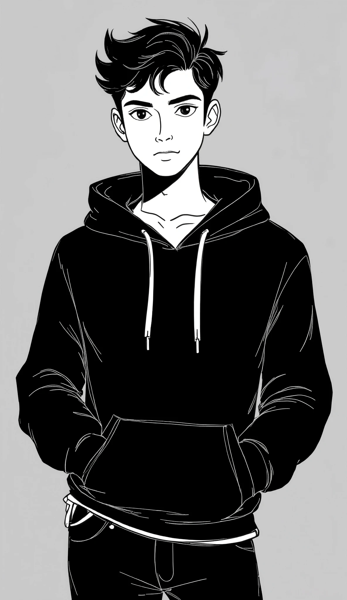 Create an image of a black and white cartoon style young human adult male in his 20s, indian, youtuber, fair skin, natural and confident posture, standing and looking directly at the camera, black&white, approachable expression, medium close-up shot (waist-up), professional casual clothing (black hoodie, neat but relaxed), well-lit indoor studio with cinematic lighting, studio lighting, natural background with subtle depth of field with dark aesthetics, slight lens blur, balanced composition, soft shadows, expressive eyes, serious expression, bold lineart, 2d cartoon style, 8k, minimalistic grey background, subtle cinematic grading, front view, front facing, authentic and relatable vibe. The image ratio should be 9:16, 1boy.
