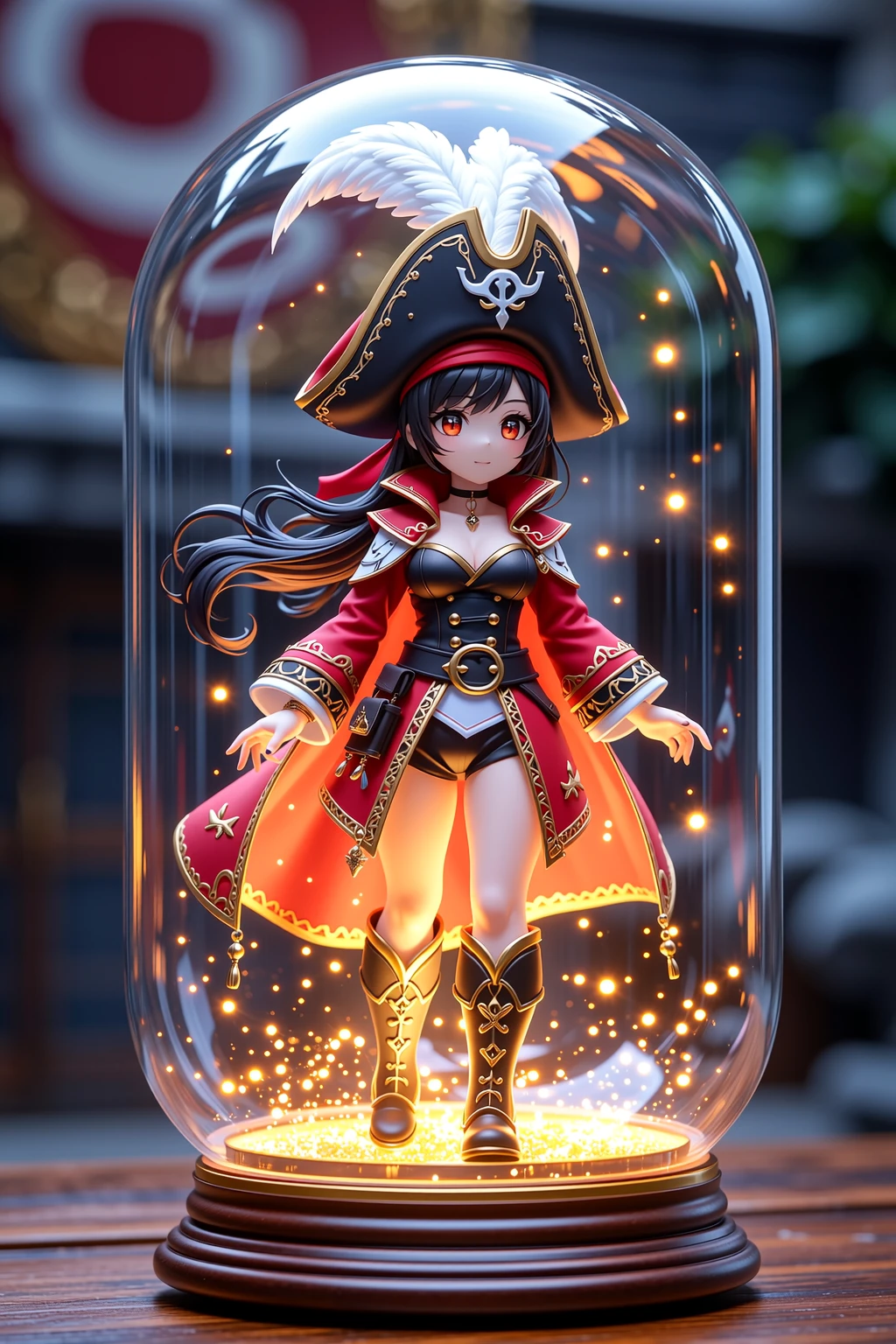 Beautiful and elegant oval glass tube, dengan ((works that highlight Creativity, Realism, Theme Relevance, Innovation Potential in one look of a truly charming and dangerous pirate miniature)), Side view, Pirate miniature full body portrait of a very beautiful teenage girl with black hair and a charming and charismatic puffy nose, perfect small tits, cleavage and curves very detailed, Tubuh langsing, perfectly proportioned body, very white shiny skin, Deep red costume with its black motif is amazingly detailed and luxurious: hat a large tricorne with a silver chain and feathers fluttering in the middle of a storm, elegant blindfold with antique metal trim, belt-encrusted leather corset, a thick gold-trimmed coat swinging wildly, High boots with buckle detail, floating in the middle, emits a mesmerizing golden light, Miniature Pirate very beautiful teenage girl black hair shines with golden aura, sparkles of shimmering light scattered inside the tube, shimmering light particle effect, magical and mysterious atmosphere, dark background to accentuate the sparkle, dramatic volumetric lighting, stunning micro scenery, karya agung, kualitas terbaik, Detail ultra tinggi, Render 8K, fotorealistik, Cinematic lighting, perfect depth of field, komposisi artistik, (karya agung:1.3,8k:1.3,kualitas tertinggi:1.3,detail:1.3,Resolusi tinggi:1.3,lukisan digital,Sangat detail), practice, Foto yang jelas, detail realistis, background sangat detail, Very clear background.