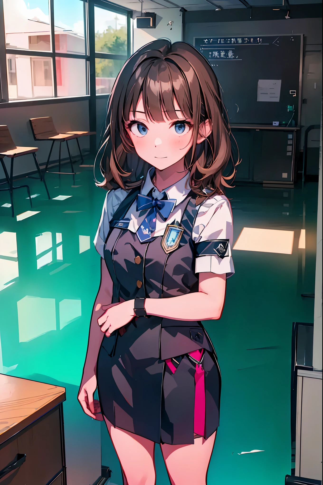 Little Girl with High Pressure Discipline Chairman,((from below:1.2)),(((Chairman of the Discipline Committee's armband))),cowboy shot on exposed armpits,About 150 centimeters,charismatic presence, Tall Boys Surrounding Her Surrounding Her Surrounding Area,Pointing and Instructing,4K High Resolution,High Dynamic Range,brown hair,shortcuts,unkempt hair,Short braided hair,Neat,slender beauty,correct attitude,small breasted,beautiful legs,The enchanting gray-blue eyes shine like stars,Saggy Eyes,Brilliant Colors,beautiful eyes,A delicate smile,Textured Skin,BEST QUALITY THE BEST,gentle and beautiful woman,anime style、Super Realistic Digital Illustration with Excellent Detail Description,Deep Tones,Dramatic Lighting,Precise Texturing,Little Girl with High Pressure Discipline Chairman, Chairman of the Discipline Committee's armband, About 150 centimeters, charismatic presence, Pointing at the Students, 4K Realistic Illustration, Extremely detailed down to the details, professional, Vivid Colors, Delicate Light and Shadow, Central Figure of the Disciplinary Committee, Strictly Instructing the Students, Coercive Behavior, Small but Strong Presence, Trying to solve school problems