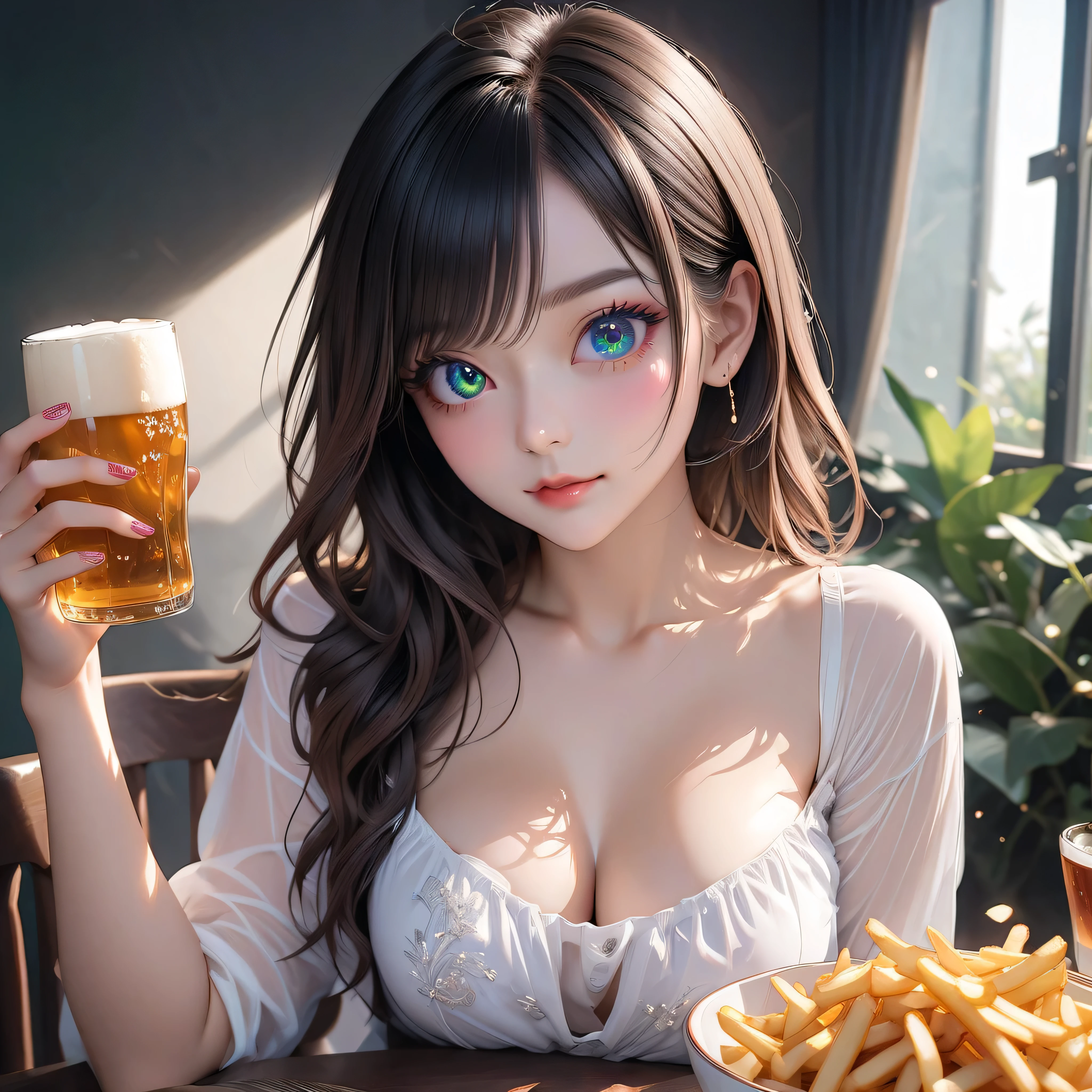((Top quality, highest resolution, masterpiece, ultra-realistic)), ((Red eyeshadow, red eyeliner)), ((Odd-eyed high school girl)), ((Heterochromia, blue eyes, green eyes)), ((Sparkling, detailed eyes)), ((Highly detailed eye depiction)), ((Crystal-like eyes)), ((Long, smooth, shiny, wavy black hair)), Princess cut, ((Translucent white skin)), Glossy skin, ((Normal breasts)), ((Anatomically accurate depiction)), ((Detailed depiction of number of fingers and fingertips)), ((Beautiful bare skin Wearing a pure white silk apron embroidered with beautiful flowers), ((No bra)), ((Nude apron)), ((Sitting on a living room sofa drinking a beer)), ((Beer mug in hand)), ((Salad bowl and french fries on the table)), ((Red eyeshadow, red eyeliner)), ((Dynamic angle, focus on face, viewer)), ((Moonlight streaming in through a window)), ((Cinematic lighting)), ((Beautiful sunset)), Very beautiful, hiorilight art, backlit, masterpiece, top quality, highly detailed girl, gazing at the viewer