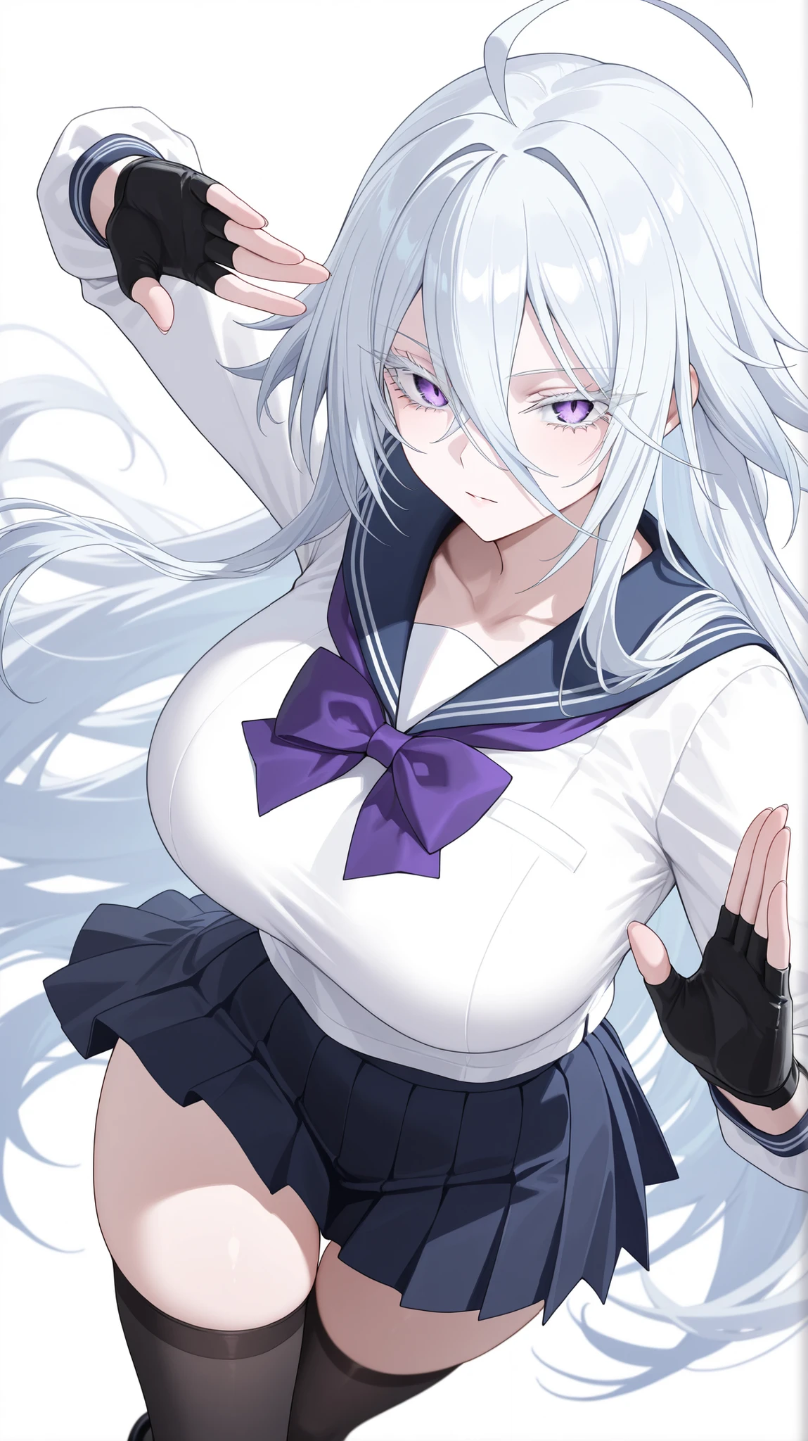 1girl, solo, anime girl, elegant, sovetsky_soyuz, masterpiece, very aesthetic, white hair, extremely long hair, very long hair between eyes, purple eyes, sharp eye outlines, white eyelashes, long eyelashes, big breasts, curvy body, sailor uniform, white top, long sleeve, navy pleated skirt, purple bowtie, black spats, black thigh socks, black fingerless gloves, black boots, martial arts pose, thigh gap, dynamic angle, badass, white background, simple background, soft skin, volume light, depth of field, high detail, highres, ultra-detailed, detailed face, (detailed eyes), (perfect eyes), perfect composition, intricate details, detailed and polished anime style, (detailed hand), (perfect hand), 4K, 8K