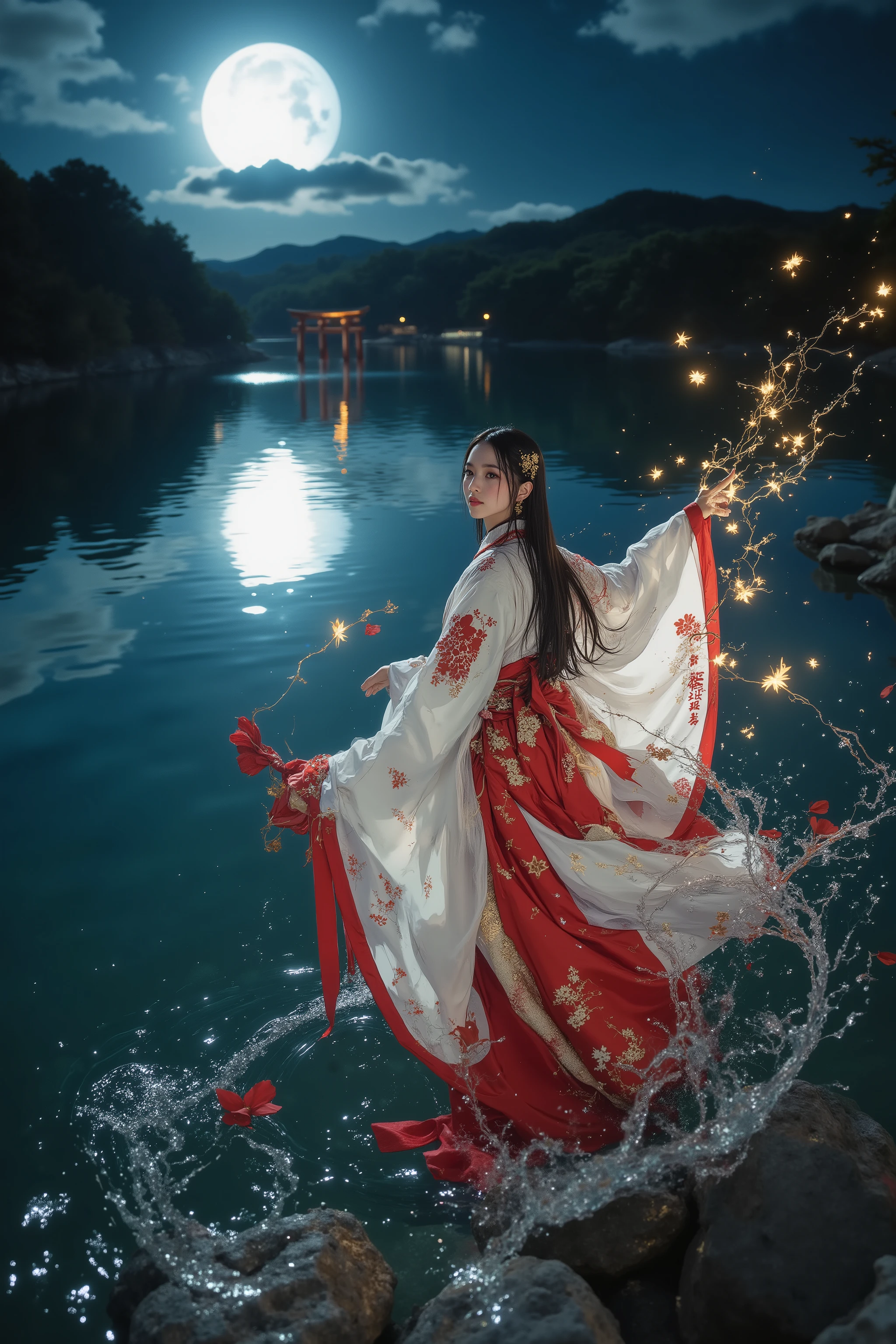 moonlit lakeside, the moon's reflection forms a luminous moonroad stretching on the left across the water, guiding the eye to a distant torii and moon; on the right-bottom, a floating elf maiden performs a sacred kagura above the lake, composition arranged in golden ratio with torii and moon; her garments are refined Japanese miko robes upgraded into mystical ceremonial vestments: layered translucent silk hakama and kimono-style uchikake, wide ceremonial obi with subtle celestial embroidery, small talisman charms, and delicate ceremonial pauldrons suggesting ritual sanctity; she embodies ultimate feminine beauty with flawless porcelain skin, long lustrous hair catching moonbeams, an elegant slender form, and a serene mysterious expression blending bliss and shy reverence; soft moonbeams, golden particles, enchanted fireflies, and drifting petals swirl along the moonroad and around her, subtle reflected light sculpts the scene, atmosphere reverent, otherworldly, dreamlike