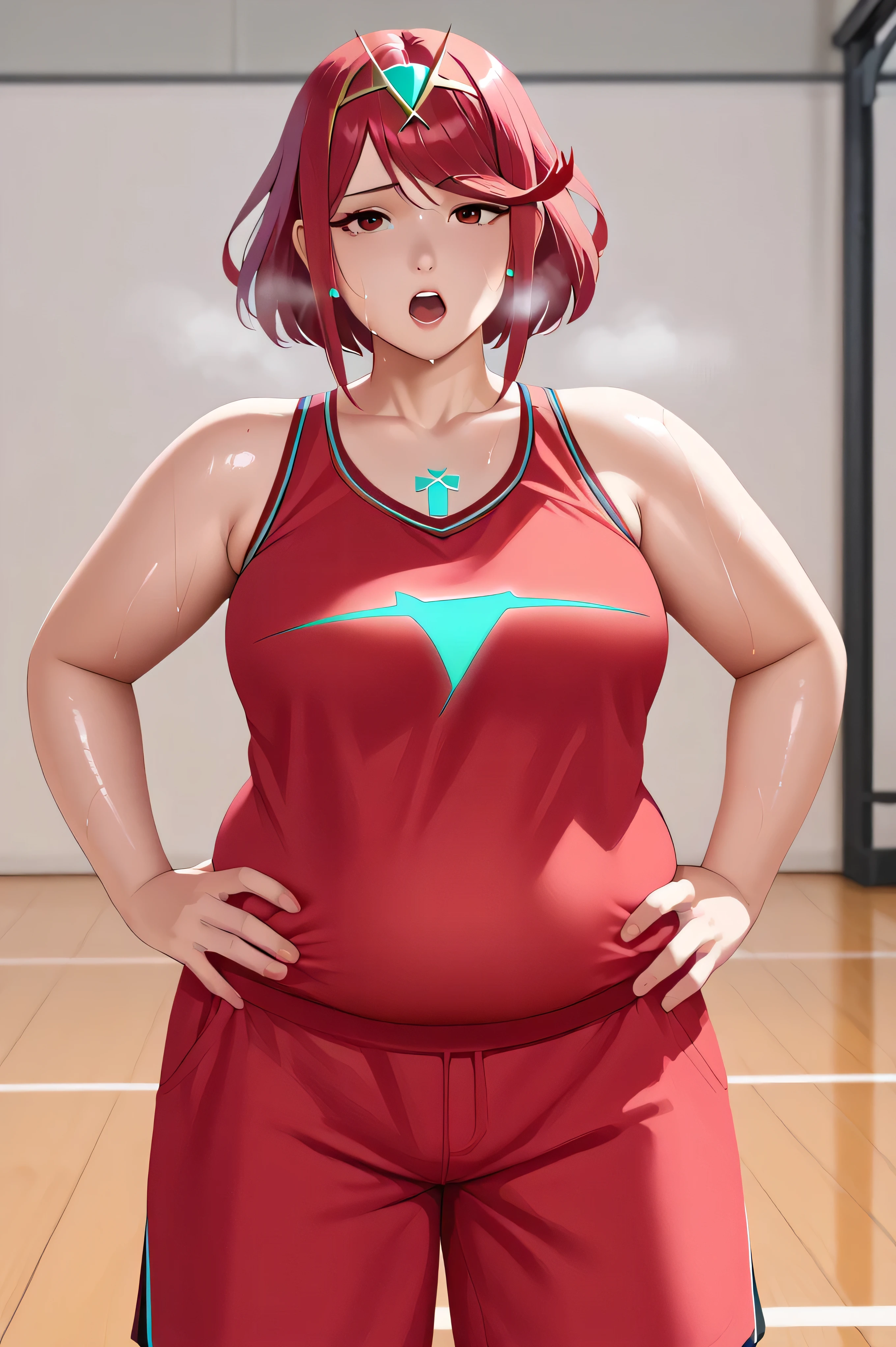score_9, score_8_up, score_7_up, BREAK, 1girl, solo, pyra \(xenoblade\), xenoblade chronicles \(series\), tiara, solo, red eyes, 1girl, solo, jewelry, makeup, casual, cowboy shot, looking at the viewer, large breasts, hand on hips, red tanktop, sweaty, black gym shorts, sweating profusely, open mouth, exhausted, heavy breathing, puddle of sweat on the ground, steam coming out her mouth, gym, indoors, she wears pink shoes,medium breasts,, basketball uniform, jersery, sportswear, jersey, shorts, sleeveless,, audience, gym, sweat, open mouth, steam, sweat, looking at viewer, open mouth,, cowboy shot, half shut eyes, obese, chubby, thick thighs, chubby cheeks, big arms, (((Shiny Skin))), half body, thick thighs