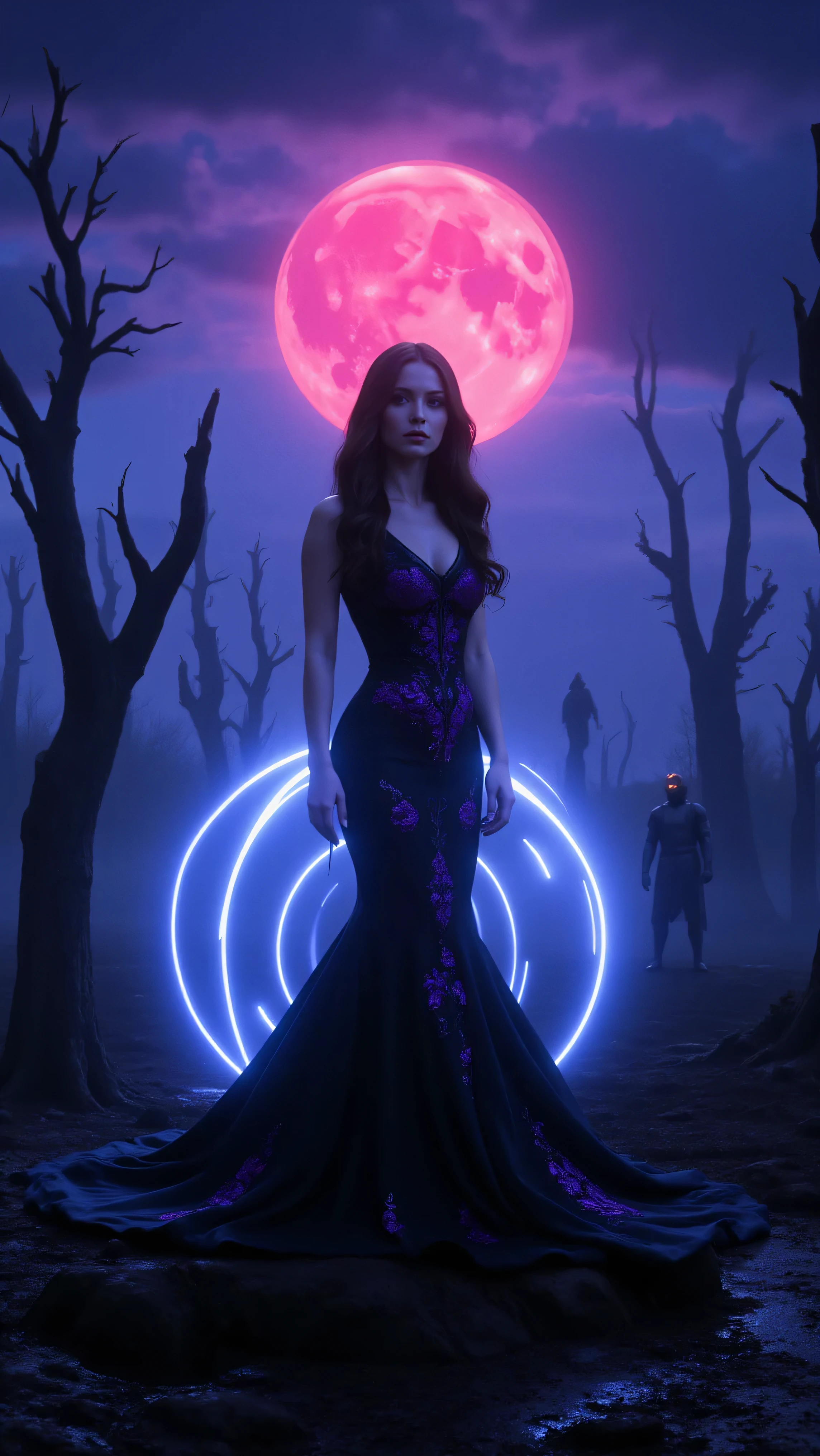 An ultraattractive young woman with very long wavy brown hair wearing a black silk mermaid-style dress with a sweeping train and violet embroidered floral patterns surrounded by a circle of bright electric blue ultra brightness that swirls around her. Old dead trees with no leaves reach up and out with bare branches that stretch in front of a large full blood moon that is a disturbing red color in a clear night's sky. Haunting dark shadows of demons can be seen hiding in deep holes in the ground behind her and off to the sides. They are menacing darkened figures with large deep-set eyes. They watch as plasma lifeforms more brave than they are float and spin around her trying to get her attention. They try to take a solid form but dissipate before they can. Ultra-realistic, photorealistic, cinematic photography, cinematic portrait, portrait photography, cinematic lighting and shadows, 8k, high-res, best quality, vivid colors, and whimsical details of the surreal atmosphere, experimental art, and extreme psychedelic psychotrance artwork, wired weirdcore, beautiful model, dramatic poses, striking presence, beautiful piercing eyes, pale skin, dark makeup, and expressive realistic facial features, intricate details of the highest quality, textured skin and hair, heavy cleavage, and deeo red and purple billowing cumulus clouds in front of the setting sun. Cinematography, Conceptual Art, Fujicolor, Super Saturated Colored clouds, and sunset.