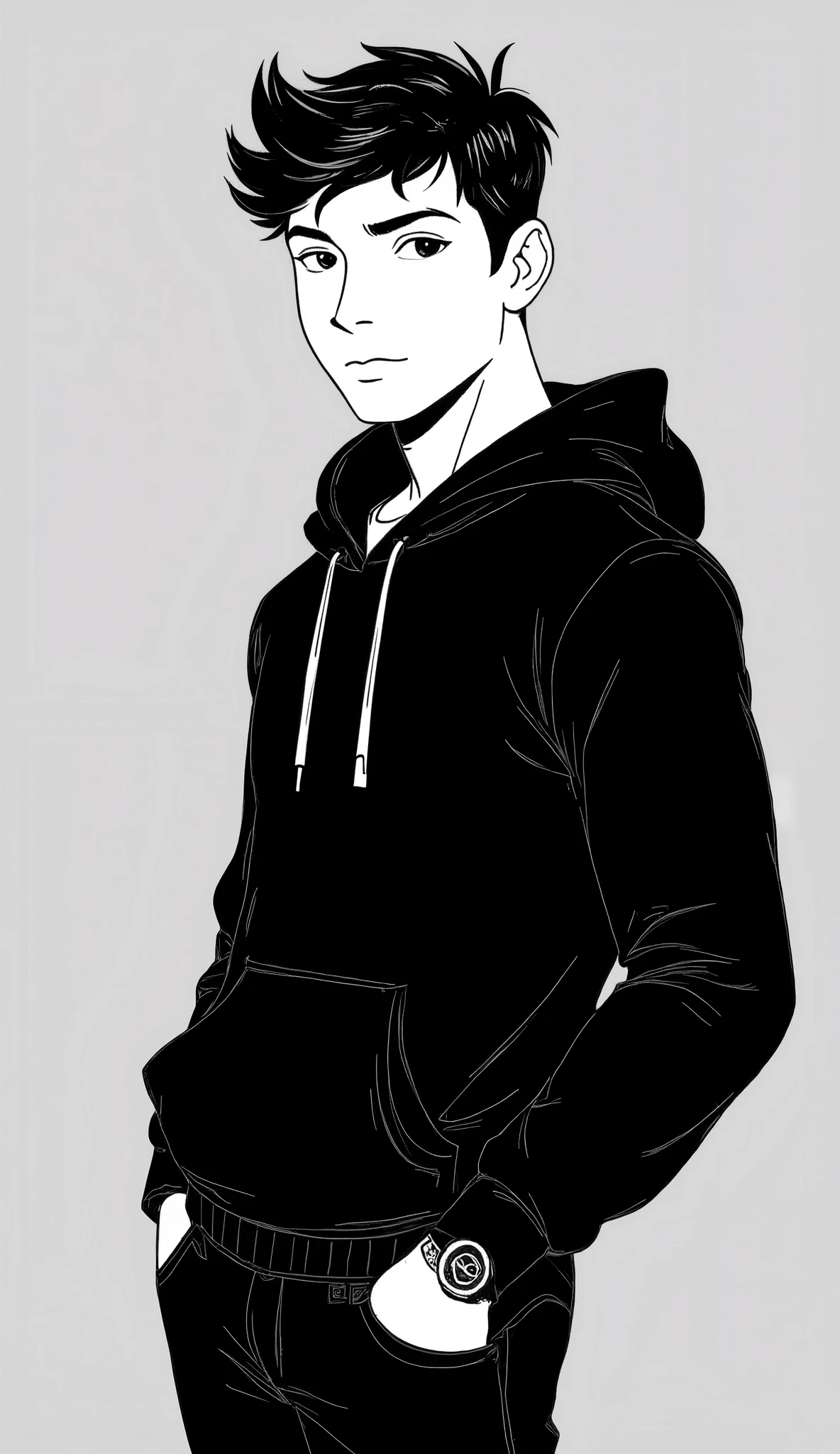 Create an image of a black and white cartoon style young human adult male in his 20s, indian, youtuber, fair skin, natural and confident posture, standing and looking directly at the camera, black&white, approachable expression, medium close-up shot (waist-up), professional casual clothing (black hoodie, neat but relaxed), well-lit indoor studio with cinematic lighting, studio lighting, natural background with subtle depth of field with dark aesthetics, slight lens blur, balanced composition, soft shadows, expressive eyes, serious expression, bold lineart, 2d cartoon style, 8k, minimalistic grey background, subtle cinematic grading, dynamic side view, authentic and relatable vibe. The image ratio should be 9:16, 1boy.