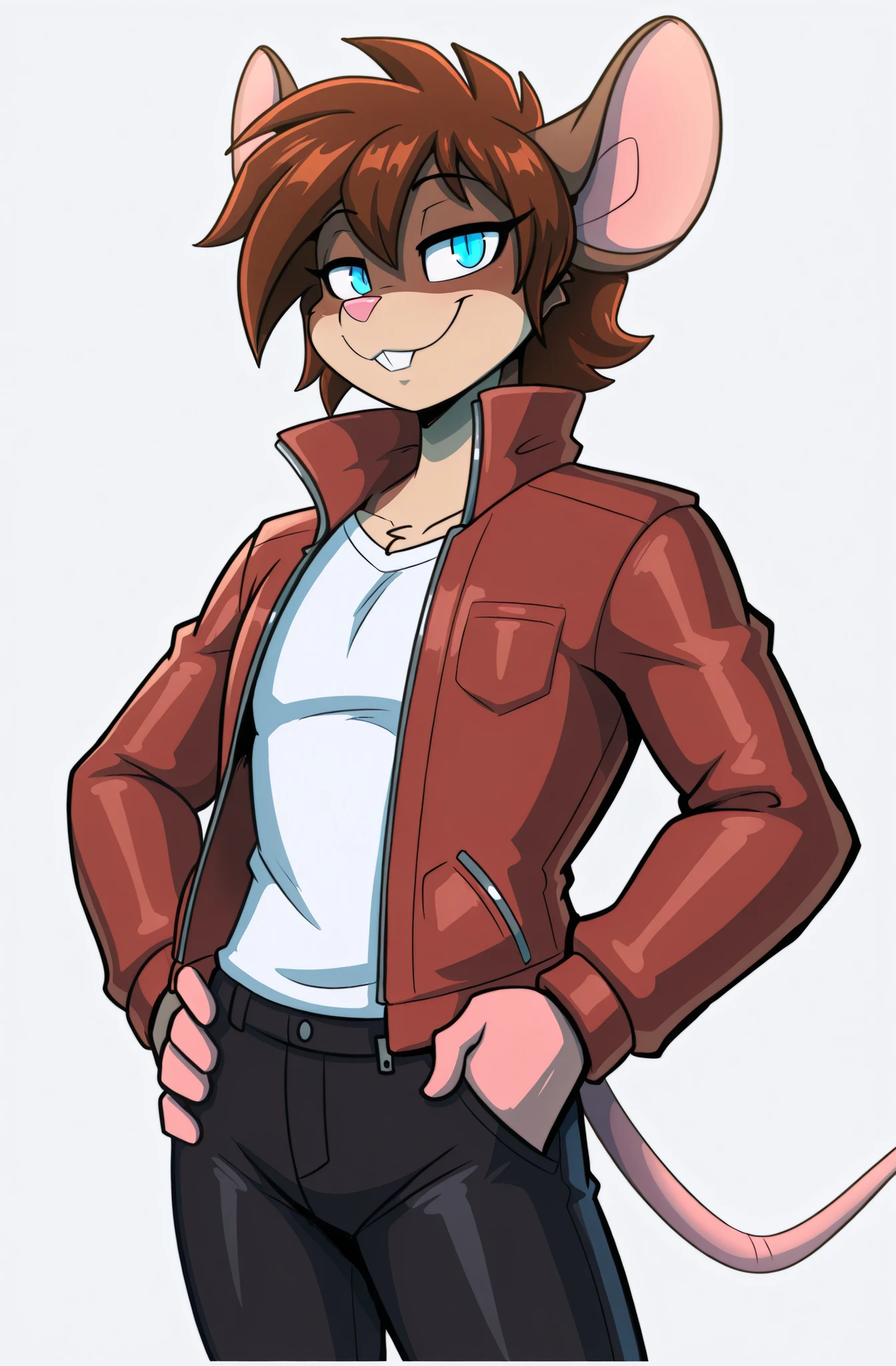 (solo), anime/manga style, best quality, high resolution, absurdres, BREAK, (adult), uploaded on danbooru, uploaded on e621, [by rick griffin:0.5], (by jizoku, by inu-sama), [by zeekzag], by sssonic2, [by mastergodai:0.2], [by chalo:0.32], by r-mk, [by joaoppereiraus:0.6], [by jrvanesbroek:0.4], (open expressive eyes, blue eyes), (male, anthro, mouse, brown body), adult, solo, (the confident best friend personality, smile), (parted fringe, short hair, brown hair), (really thin simple eyebrows), jeans, (5'8 ft tall body), (closed smile, cute buckteeth), (black red casual jacket with yellow details, black pants),