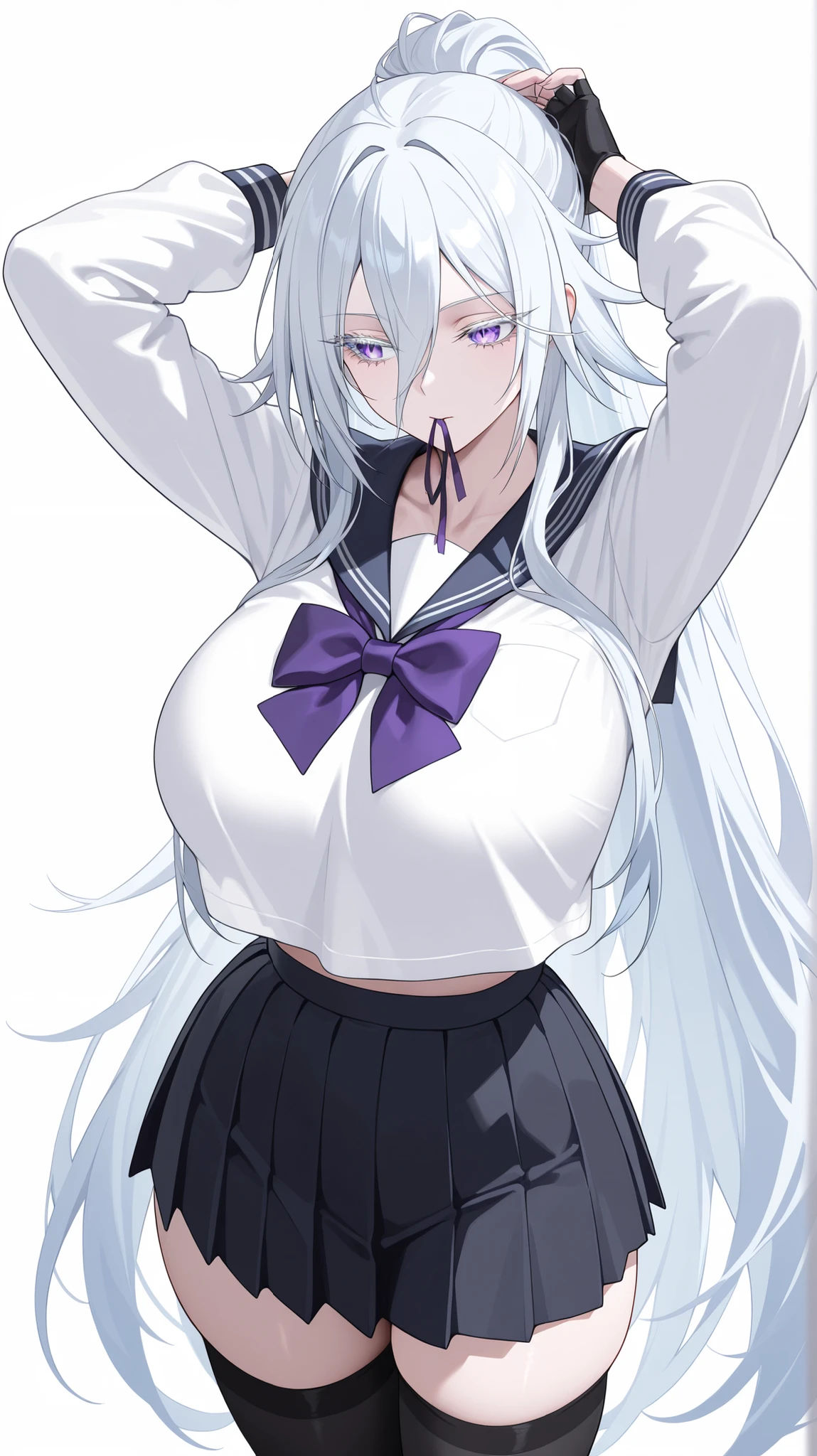 1girl, solo, anime girl, elegant, sovetsky_soyuz, masterpiece, very aesthetic, white hair, extremely long hair, very long hair between eyes, purple eyes, sharp eye outlines, white eyelashes, long eyelashes, looking away, big breasts, curvy body, sailor uniform, white top, long sleeve, navy pleated skirt, purple bowtie, black thigh socks, black fingerless gloves, tying hair, half body, straight-on view, badass, white background, simple background, soft skin, volume light, depth of field, high detail, highres, ultra-detailed, detailed face, (detailed eyes), (perfect eyes), perfect composition, intricate details, detailed and polished anime style, (detailed hand), (perfect hand), 4K, 8K