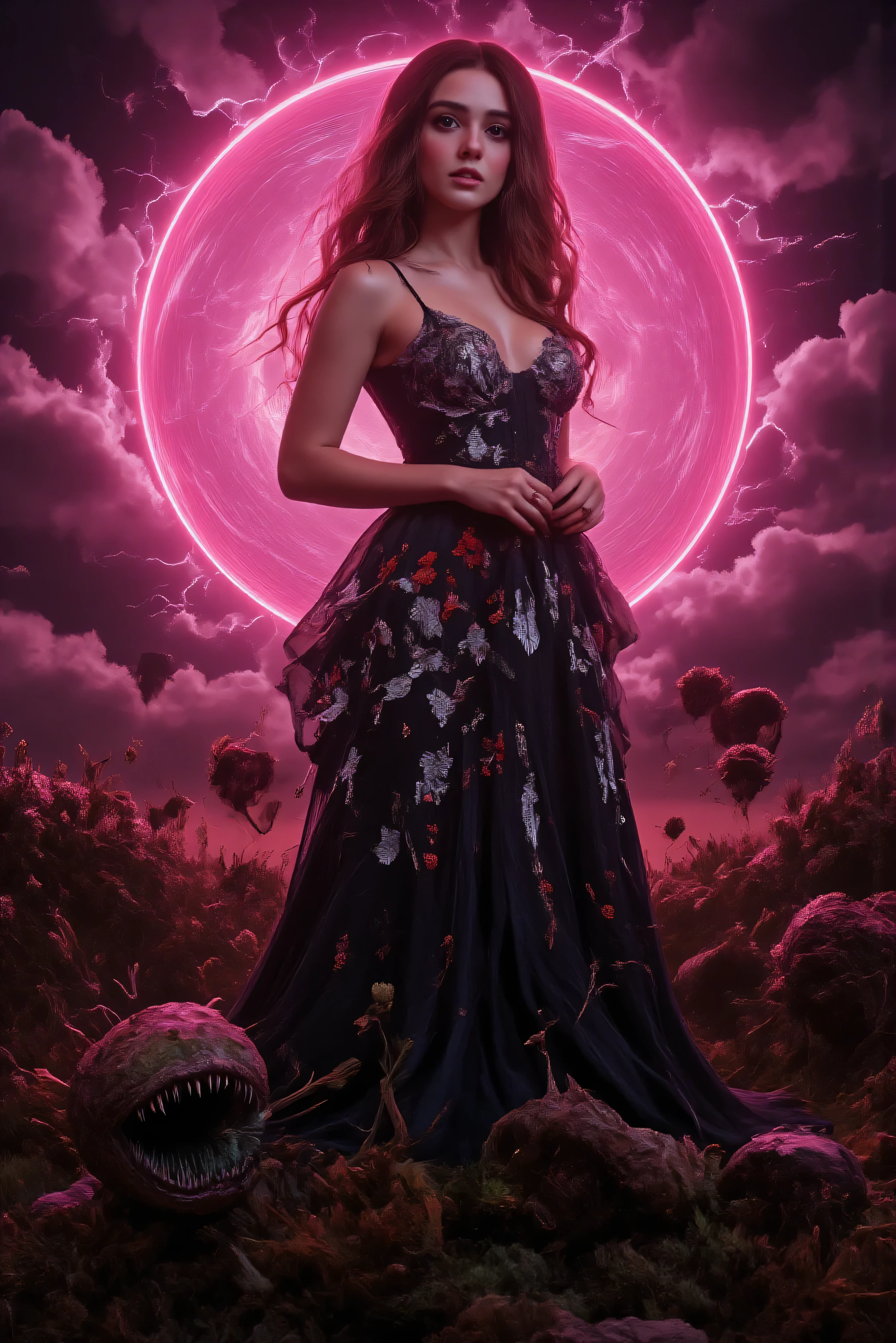 An ultra-attractive young woman with very long wavy brown hair wearing a black silk mermaid-style dress with a sweeping train and white and red embroidered floral patterns. Behind her, a solid circle of hot pink ultra-brightness swirls while tiny blue and neon green jagged electrical lines wrap and bend around the hot pink circle of light. Strange flowering plants are reaching out for the woman. Ultra-realistic, photorealistic, cinematic photography, cinematic portrait, portrait photography, cinematic lighting and shadows, 8k, high-res, best quality, vivid colors, and whimsical details of the surreal otherworldly atmosphere, carnivorous plants attack, experimental art, and extreme psychedelic psychotrance artwork, wired weirdcore, beautiful alien model, dramatic poses, striking presence, beautiful piercing eyes, pale skin, dark makeup, and expressive realistic facial features, intricate details of the highest quality, textured skin and hair, heavy cleavage, and deep red and purple billowing cumulus clouds in front of the setting sun. Carnivorous plants erupting from the ground reach toward the alien woman with giant mouths with sharp pointed teeth, Cinematography, Conceptual Art, Fujicolor, Super Saturated Colored clouds, and sunset.