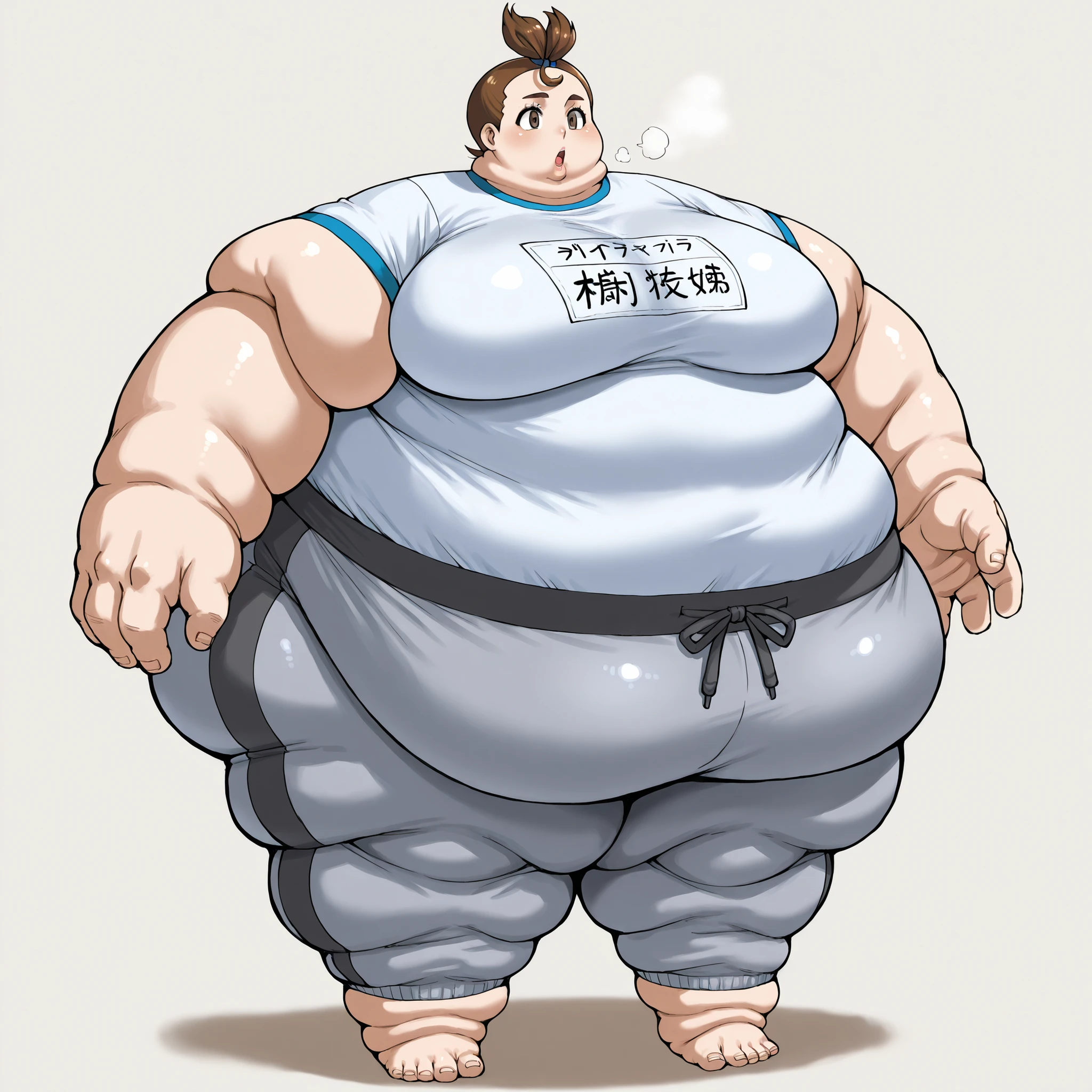 1girl, verity, very short hair, top knot, brown eyes,  training shirt, training pants with Elastic Waistband, fat, chubby, obese, fat neck, multiple chins, big breasts open mouth, out of breath, Larger female, full body shot, only head, large head, oversized limbs, large hands, large feet, oversized feet, oversized fingers, big lips, plump lips, fat face, fupa, big fupa, fat fupa,