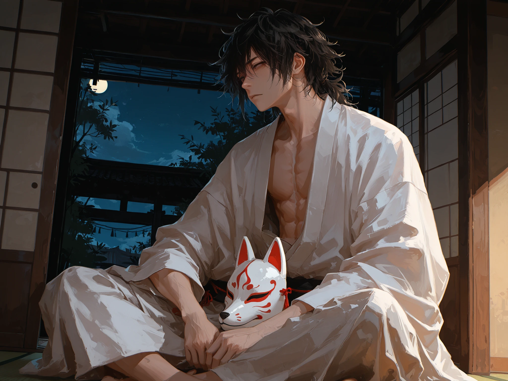 upper shot, dutch angle, looking away, makes an aesthetic, Master piece, Best Quality, ultra detailed, a handsome man, (man:1.4), solo, (male:1.hort Hair, black messy hair, squinting, toned, white kimono , black Japanese coat, sitting, indian style, half hiding face with a traditional Japanese fox mask, Japanese-style room, night,