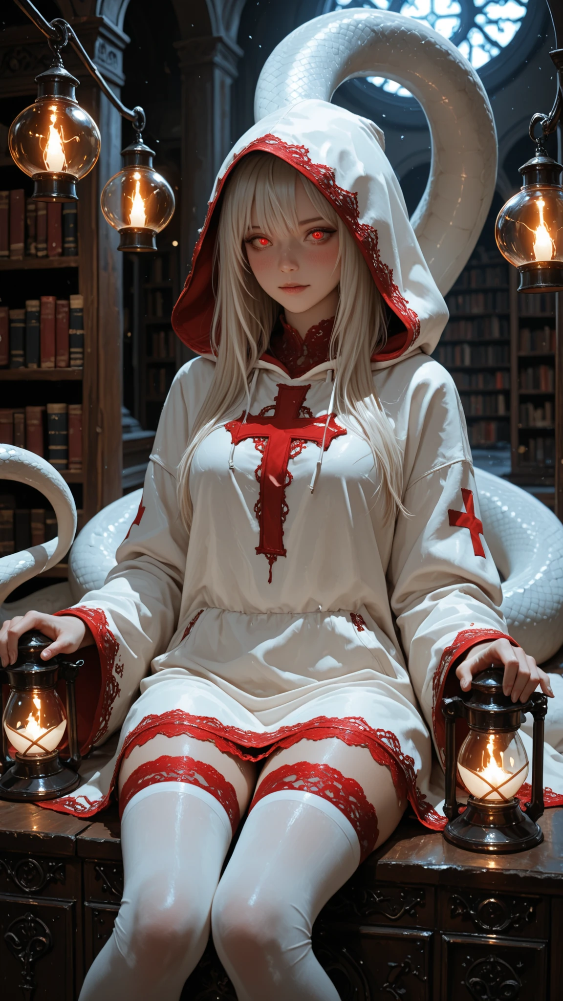 (4k,8k,Ultra HD), masterpiece, best quality, ultra-detailed, very aesthetic, depth of field, best lighting, detailed illustration, detailed background, cinematic, BREAK ambient occlusion, raytracing, soft lighting, blum effect, masterpiece, absolutely eye-catching, intricate cinematic background, BREAK masterpiece, amazing quality, best quality, ultra-detailed, 8K, illustrating, CG,detailed background, cute girl, eyelashes BREAK
masterpiece, best quality, ultra-detailed, cinematic lighting, full-body portrait of a beautiful woman with long flowing platinum blonde hair and intense red eyes, wearing a playful white hooded dress designed to resemble a snake, complete with a large serpent head on the hood and red cross patterns on the sleeves, paired with thigh-high white stockings featuring red lace trim, sitting gracefully atop a massive white serpent that coils around her like a living throne, surrounded by towering bookshelves filled with ancient scrolls and glowing magical tomes in a dimly lit mystical library, soft ambient light from floating lanterns highlights her face and the glossy textures of her outfit, blush , highly detailed digital painting style, anime-inspired fantasy aesthetic, moody atmosphere, realistic skin texture with luminous highlights, sharp focus on face and upper body, shallow depth of field, playful yet mysterious expression