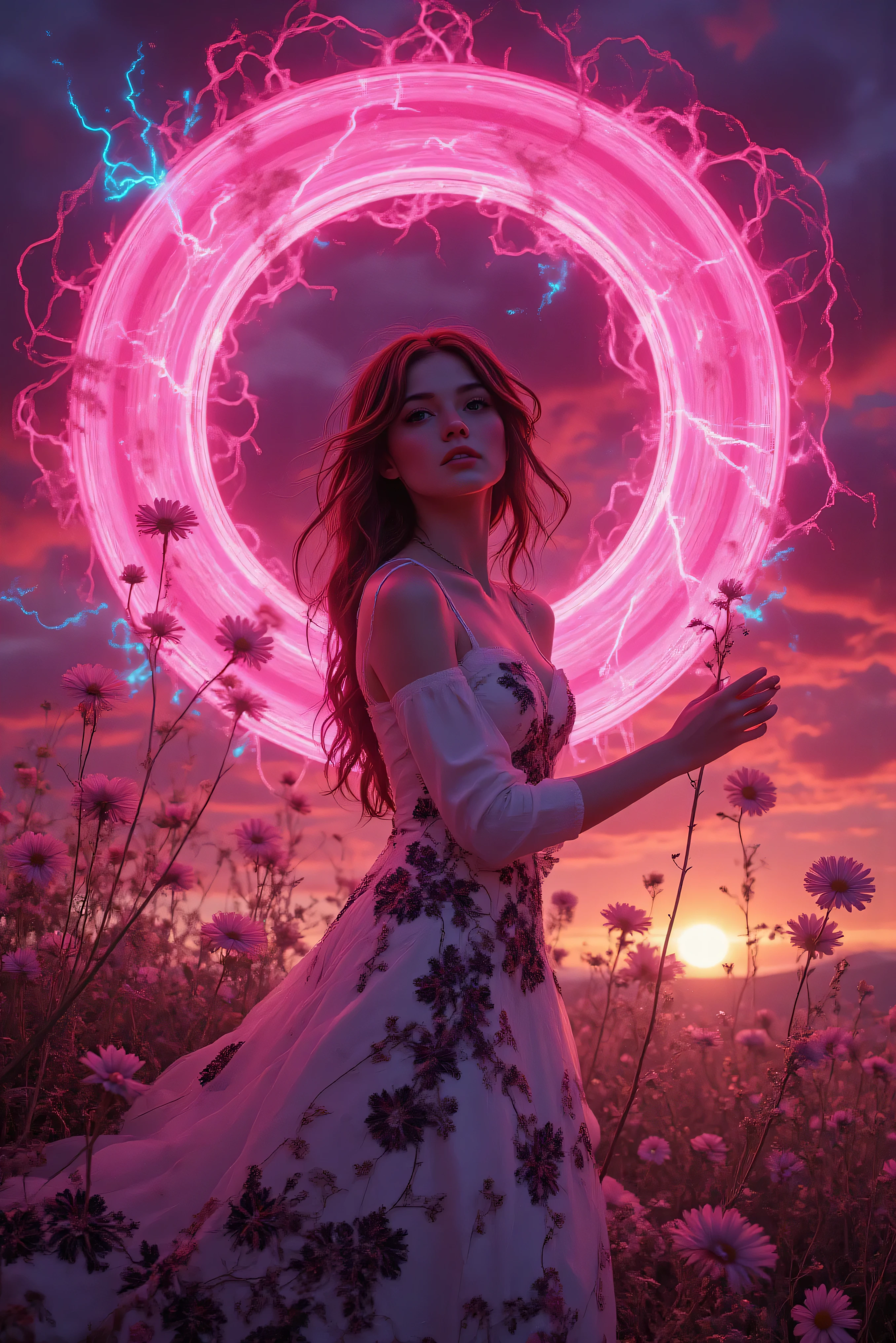 An ultra-attractive young woman with very long wavy brown hair wearing a white silk mermaid-style dress with a sweeping train and black and red embroidered floral pattern surrounded by a circle of hot pink ultra- brightness that swirls around her while tiny blue and neon green jagged electrical lines wrap and bend themselves around the hot pink circle of light. Strange flowering plants are reaching out for the woman. Ultra-realistic, photorealistic, cinematic photography, cinematic portrait, portrait photography, cinematic lighting and shadows, 8k, high-res, best quality, vivid colors, and whimsical details of the surreal atmosphere, experimental art, and extreme psychedelic psychotrance artwork, wired weirdcore, beautiful model, dramatic poses, striking presence, beautiful piercing eyes, pale skin, dark makeup, and expressive realistic facial features, intricate details of the highest quality, textured skin and hair, heavy cleavage, and deep red and purple billowing cumulus clouds in front of the setting sun. Cinematography, Conceptual Art, Fujicolor, Super Saturated Colored clouds, and sunset.