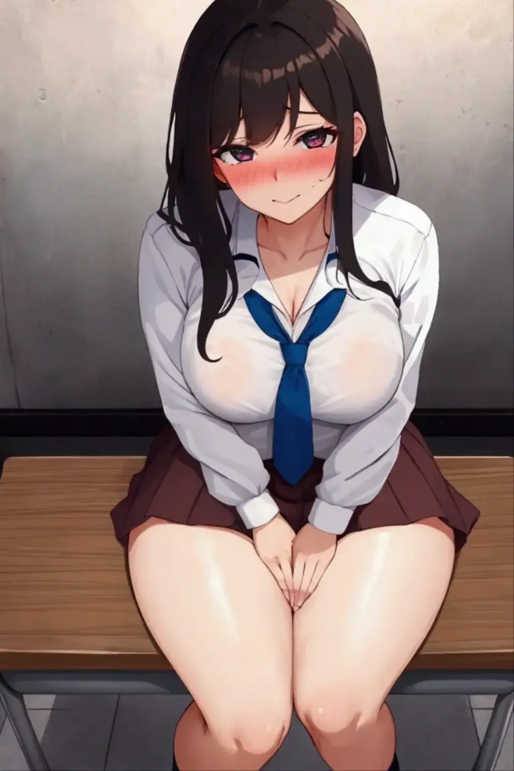 masterpiece, best quality, absurdres, highres, newest, 1girl, solo,  <lora:marciana-nikke-richy-v1_ixl:1> marcianaalt, brown eyes, black hair, bangs, very long hair, , white shirt, black necktie, name tag, sleeves rolled up, crop top, midriff, navel, navel piercing, miniskirt, pencil skirt, thighs, white sneakers, white socks, , unworn bra, holding bra, female , , , blue panties, blue bra, indoors, sitting, looking at viewer, heavy breathing, sweat, panties around one leg, looking at viewer, open mouth, unbuttoned, ,  out, , wet, shiny skin, wide , desk, chalkboard, teacher, mature female, blush, , leaning back, sagging , necktie between , between , full body, presenting bra, hand up, knee up