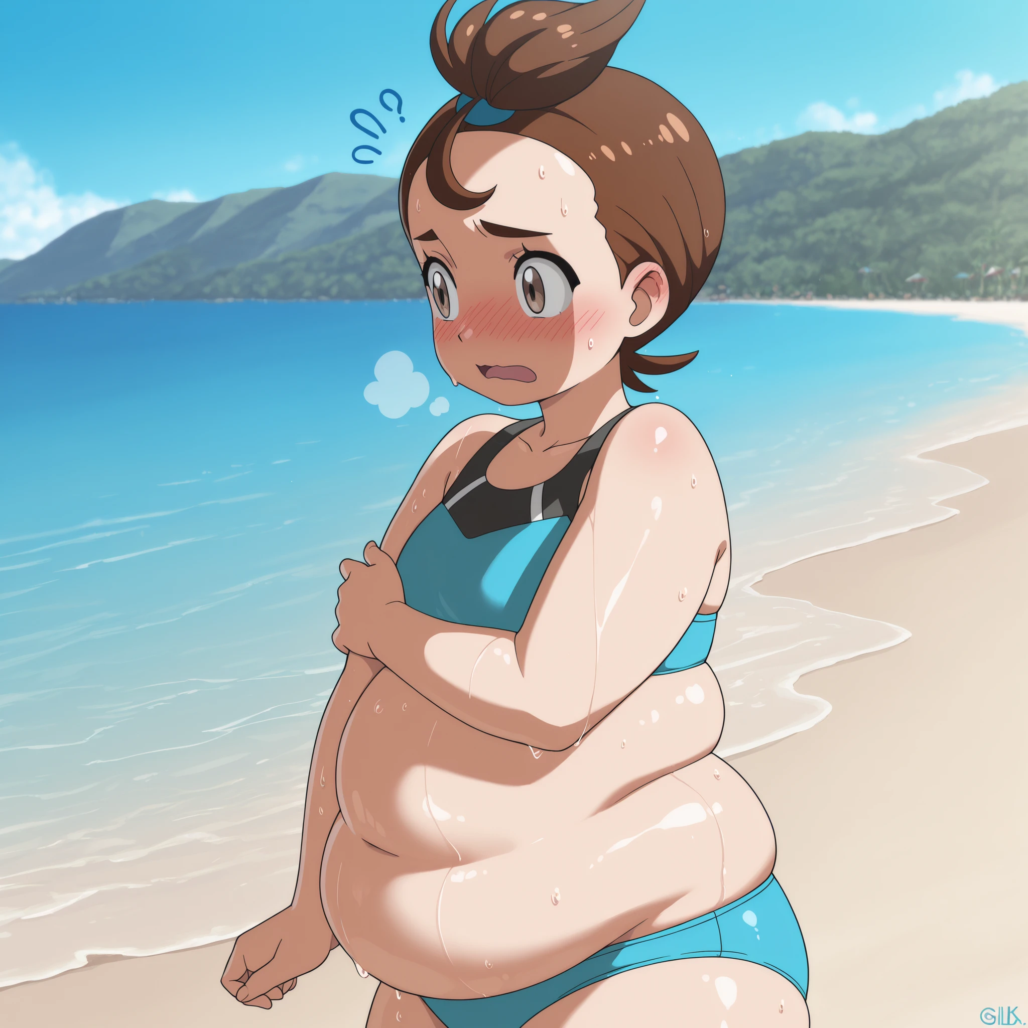 1girl, verity, very short hair, top knot, brown eyes,anime coloring,
bikini,cowboy shot, hand on own arm, wet,embarrassed, beach,outdoors,summer
,masterpiece,best quality,amazing quality,bulging belly, fat, chubby, obese, open mouth, out of breath, absurdres,  confused, blush, {flustered}, nervous sweating, portrait, pov belly, straight-on, from side, swollen face, masterpiece, best quality, ultra-detailed, high resolution, 8K, 