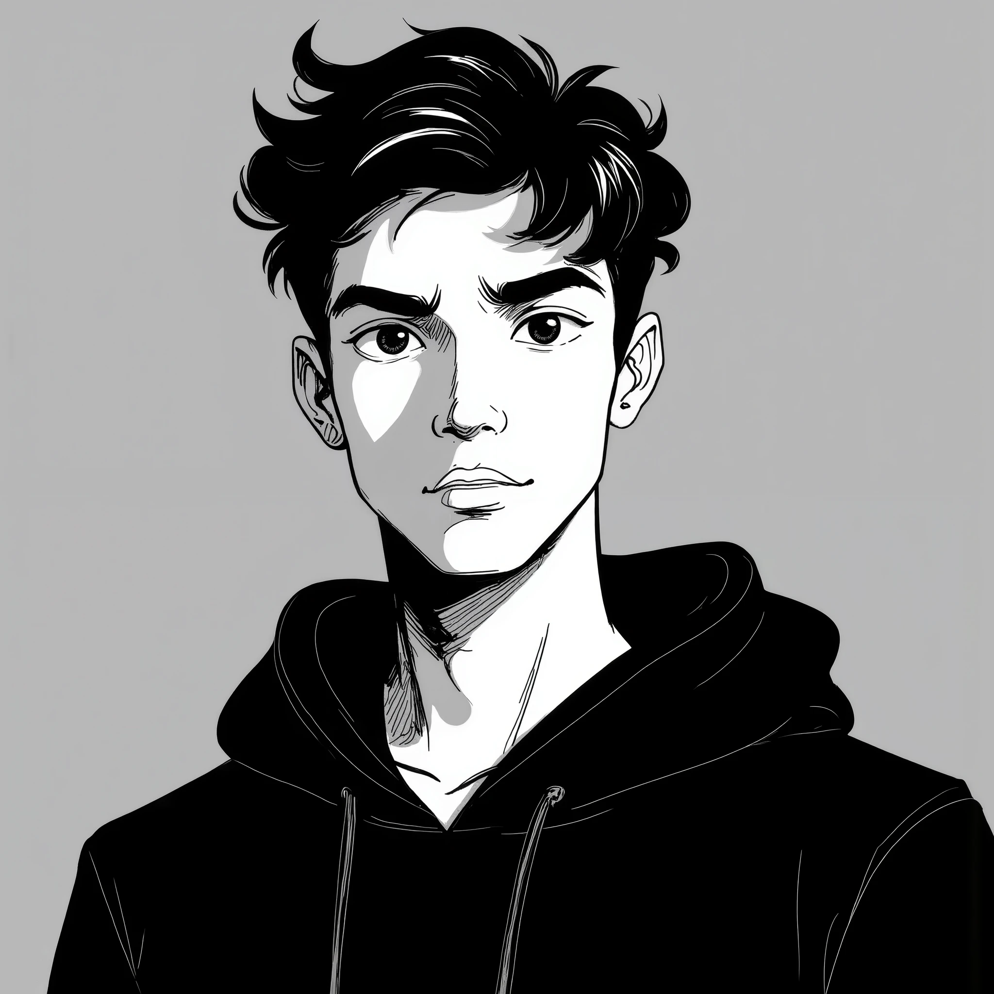 Create an image of a black and white cartoon style young human adult male in his 20s, indian, youtuber, fair skin, natural and confident posture, standing and looking directly at the camera, black&white, approachable expression, close-up headshot, professional casual clothing (black hoodie, neat but relaxed), well-lit indoor studio with cinematic lighting, studio lighting, natural background with subtle depth of field with dark aesthetics, slight lens blur, balanced composition, soft shadows, expressive eyes, very serious expression, bold lineart, 2d cartoon style, 8k, minimalistic grey background, subtle cinematic grading, front view, front facing, authentic and relatable vibe. The image ratio should be 9:16, 1boy.
