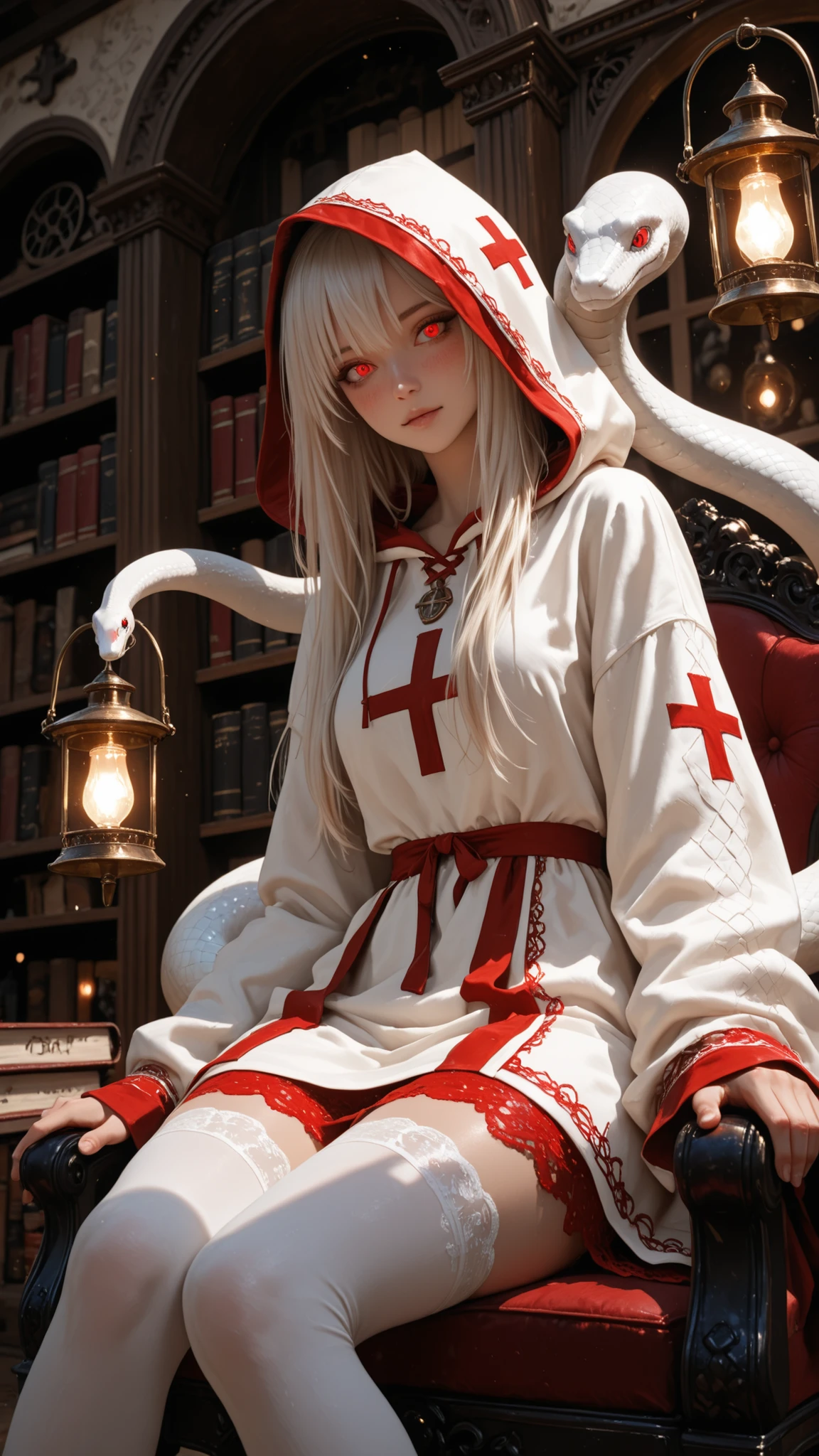 (4k,8k,Ultra HD), masterpiece, best quality, ultra-detailed, very aesthetic, depth of field, best lighting, detailed illustration, detailed background, cinematic, BREAK ambient occlusion, raytracing, soft lighting, blum effect, masterpiece, absolutely eye-catching, intricate cinematic background, BREAK masterpiece, amazing quality, best quality, ultra-detailed, 8K, illustrating, CG,detailed background, cute girl, eyelashes BREAK
masterpiece, best quality, ultra-detailed, cinematic lighting, full-body portrait of a beautiful woman with long flowing platinum blonde hair and intense red eyes, wearing a playful white hooded dress designed to resemble a snake, complete with a large serpent head on the hood and red cross patterns on the sleeves, paired with thigh-high white stockings featuring red lace trim, sitting gracefully atop a massive white serpent that coils around her like a living throne, surrounded by towering bookshelves filled with ancient scrolls and glowing magical tomes in a dimly lit mystical library, soft ambient light from floating lanterns highlights her face and the glossy textures of her outfit, blush , highly detailed digital painting style, anime-inspired fantasy aesthetic, moody atmosphere, realistic skin texture with luminous highlights, sharp focus on face and upper body, shallow depth of field, playful yet mysterious expression