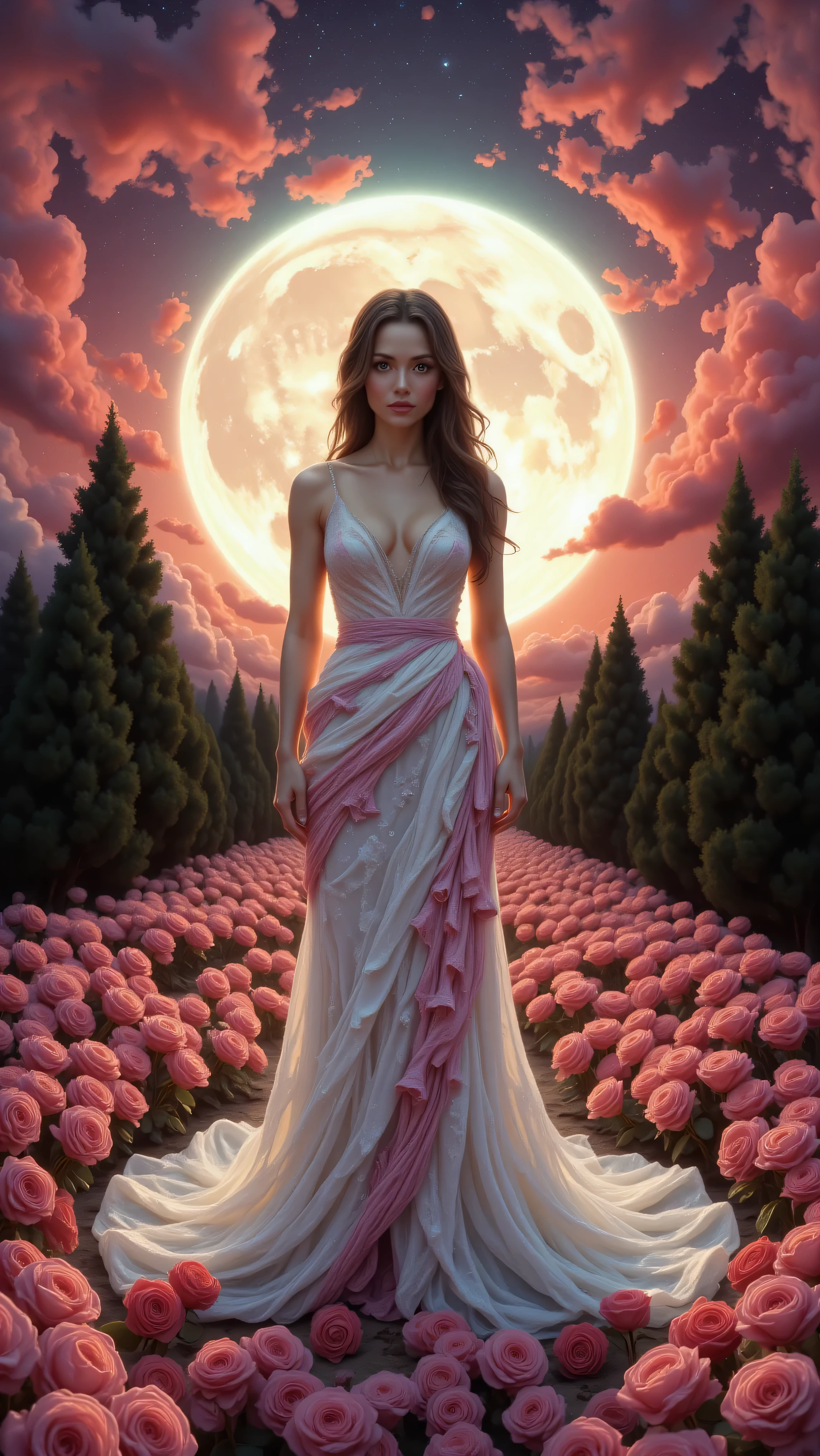 A woman amongst roses in front of an enormous full moon. Stretch reddish/purple stratus clouds over the lower half of the moon. Make direct eye contact with the woman, Kubrick Stare, change the dress color to Tropical Kool-Aid swirled with grape Kool-Aid twisted love. Ultra-realistic, photo-realistic, ultra-detailed, insane 3D realism, ultra-attractive woman, hypersensual, high-res, 8k, cinematic moonlight, realistic vision, 