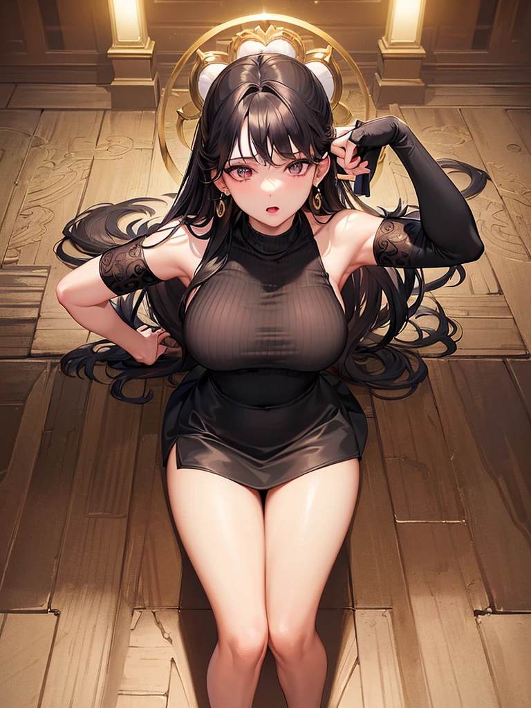 dominant fashionable college girl  with the viewer. (ultra-detailed,4k, 8k, high res, curvy,plus size anime girl,confident, seductive,) curvy, plus size anime girl, seductive, , thick thighs, detailed eyes, detailed lips, alluring expression, captivating curves, cleavage, flirtatious, artistic rendering, smiling/smirking, fashionable, cool clothes, pretty clothes, detailed clothing
