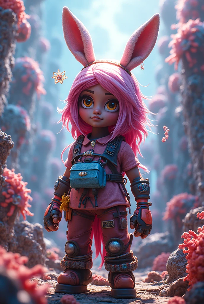 (Same character, front, side, back), (full body);Create a series of cute black afro dolls chibi style afro skin baby style with a cyberpunk theme, each with lots of detail and in an 8K resolution. All dolls should follow the same solid background pattern and be complete in the image. Must have bunny details. Robot limbs. Must have mechanical legs. She should have wavy and curly hair. Their eyes must be large and apathetic, with long eyelashes and slightly pinkish cheeks. She must secure robot bunnies. Mechanical boots. Be sure to add shadows, textures and details to our hair, clothes, beautiful and mechanical accessories, to make them even more adorable and charming. Use all of the colors listed: pink, white, green, yellow, and orange. She must wear an pink oversized cyberpunk hoodie; add ruffles and pockets to make her cuter.