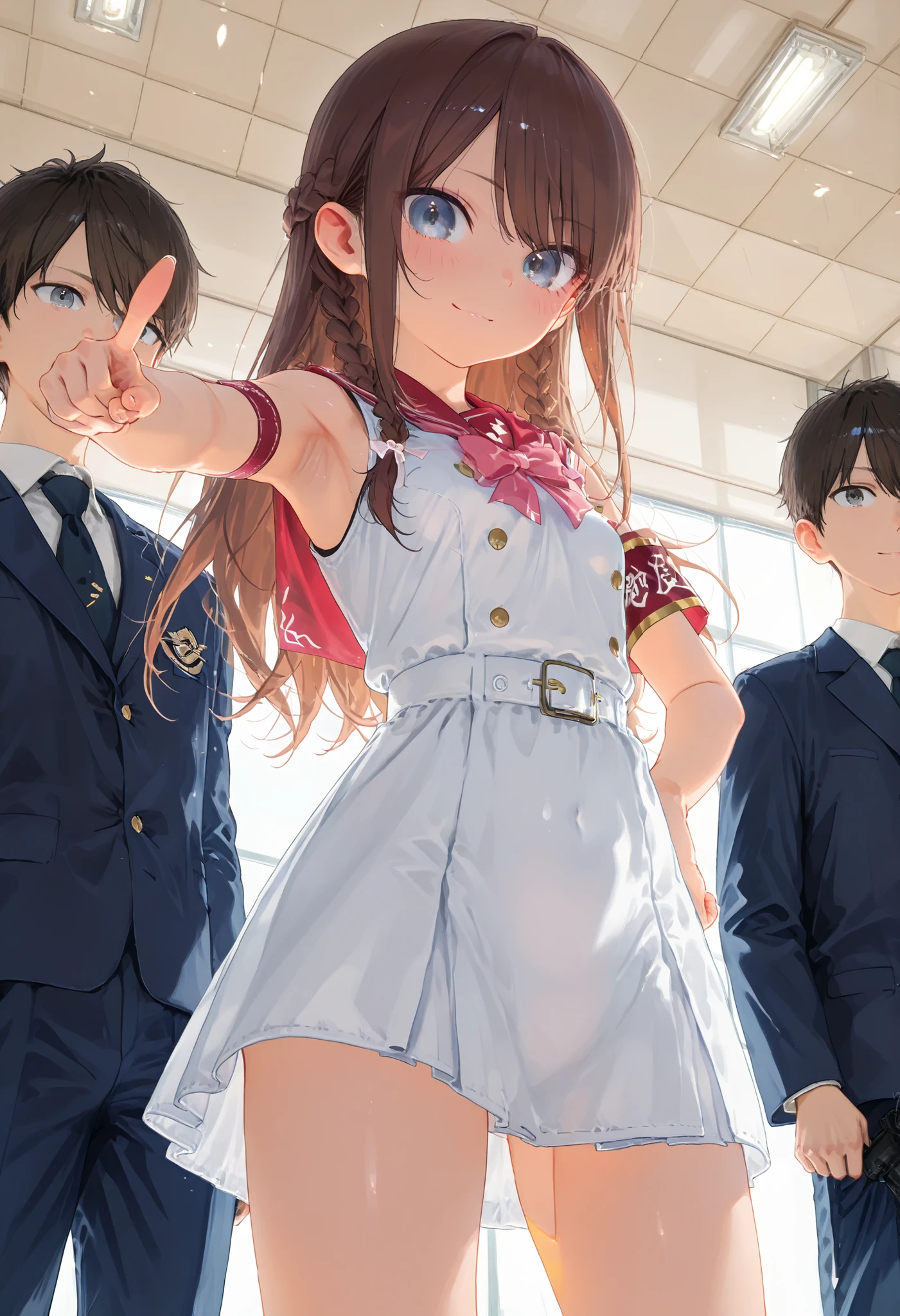 Little Girl with High Pressure Discipline Chairman,((from below:1.2)),(((Chairman of the Discipline Committee's armband))),cowboy shot on exposed armpits,About 150 centimeters,charismatic presence, Tall Boys Surrounding Her Surrounding Her Surrounding Area,Pointing and Instructing,4K High Resolution,High Dynamic Range,brown hair,shortcuts,unkempt hair,Short braided hair,Neat,slender beauty,correct attitude,small breasted,beautiful legs,The enchanting gray-blue eyes shine like stars,Saggy Eyes,Brilliant Colors,beautiful eyes,A delicate smile,Textured Skin,BEST QUALITY THE BEST,gentle and beautiful woman,anime style、Super Realistic Digital Illustration with Excellent Detail Description,Deep Tones,Dramatic Lighting,Precise Texturing,Little Girl with High Pressure Discipline Chairman, Chairman of the Discipline Committee's armband, About 150 centimeters, charismatic presence, Pointing at the Students, 4K Realistic Illustration, Extremely detailed down to the details, professional, Vivid Colors, Delicate Light and Shadow, Central Figure of the Disciplinary Committee, Strictly Instructing the Students, Coercive Behavior, Small but Strong Presence, Trying to solve school problems