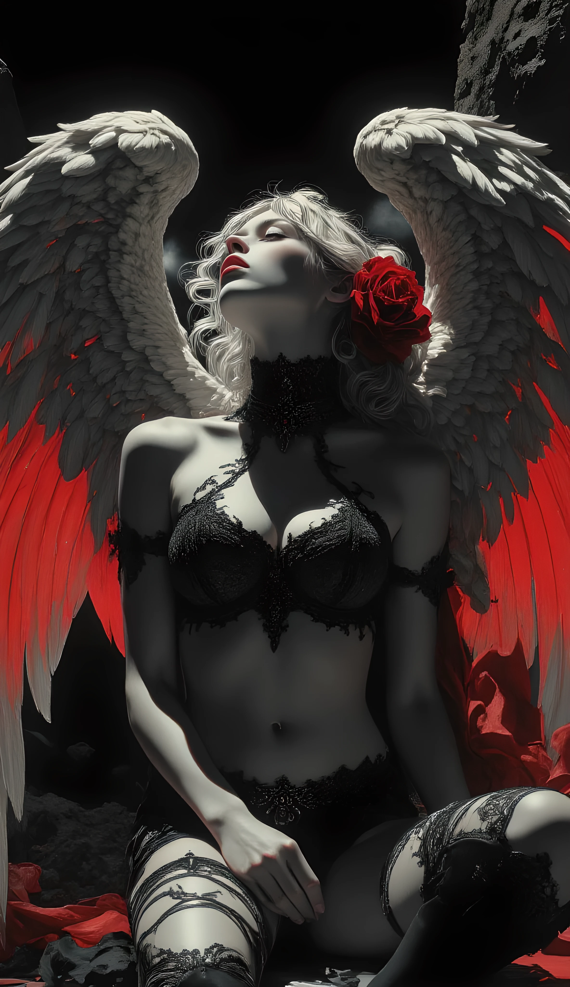 Subject/Composition: Black and white (monochrome), ultra-detailed, Stunning full body shot of a beautiful young winged woman kneeling gracefully, gaze directed upwards, eyes closed, lips slightly parted in an ethereal expression. She wears an intricate black lace lingerie set, with delicate patterns adorning her torso and thighs. A prominent black choker with a dark medallion sits at her neck. A vibrant crimson rose elegantly accents her platinum blonde hair. Her imposing, off-white wings feature striking luminescent red veins that appear to pulsate, with a soft scarlet aura radiating from their base. Her hands are gently clasped in her lap.
Lighting/Style: High contrast, dramatic chiaroscuro lighting. Strong single light source casting deep shadows, highlighting muscle tone and texture. Ultra-realistic detail, fine film grain, high sharpness. Tense, humid atmosphere.
Styles/Artists: Photorealism, Cinematic Lighting, Hyperdetailed, Greg Rutkowski, Artgerm, Loish, Blade Runner, Akira, Ghost in the Shell.