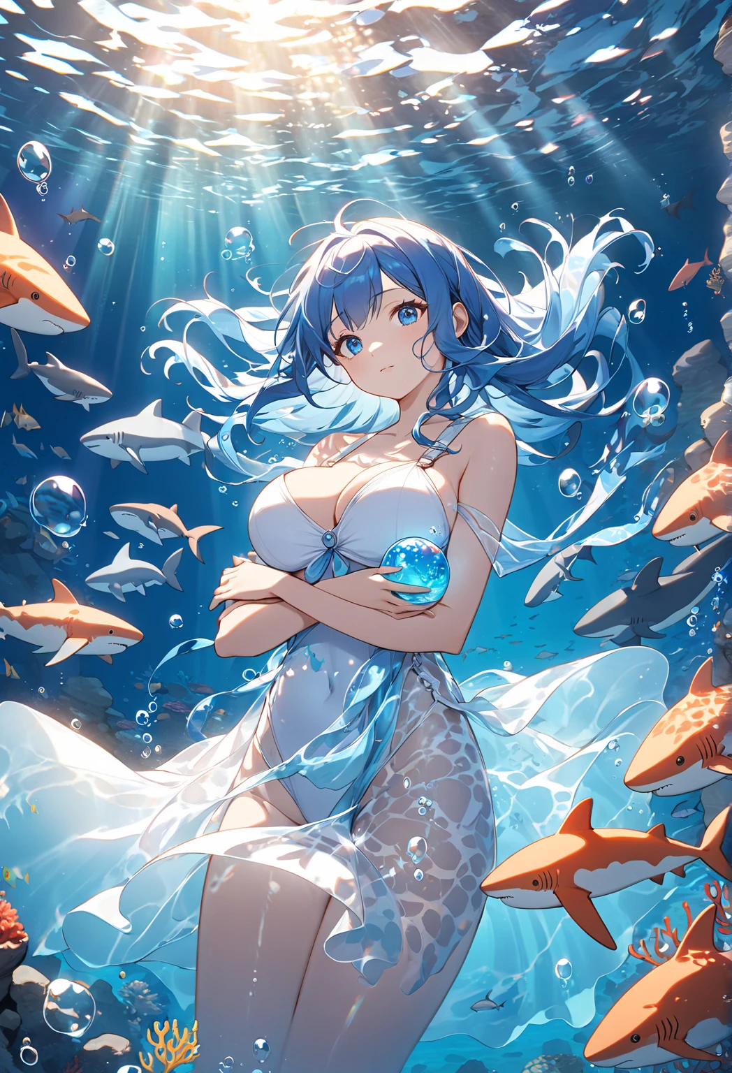 (mermaid girl:1.2), (1 person:1.2),(10 year old girl)、young girl、、 nffsw、shader、highly detailed eyes、Loose and fluffy shorthair、black hair、underilky hair、ultra-intricate pupil in eyes、highest quality、bright colors、Bust 100、mermaid figure(upper body 、A shirt that only covers the 、The lower body is a fish body、Beautiful scales)、Standing picture of the game、turn one's body sideways、View from the side、Stirring composition、Composition looking up from below、Lift your with your hands、Pose that emphasizes the 、fold your arms、grinning expression、eyes half closed、open your mouth、evil face、Bullish smile、fold your hands behind your back、Hide your hands、evil smile、whole body、beautiful、in water、seabed