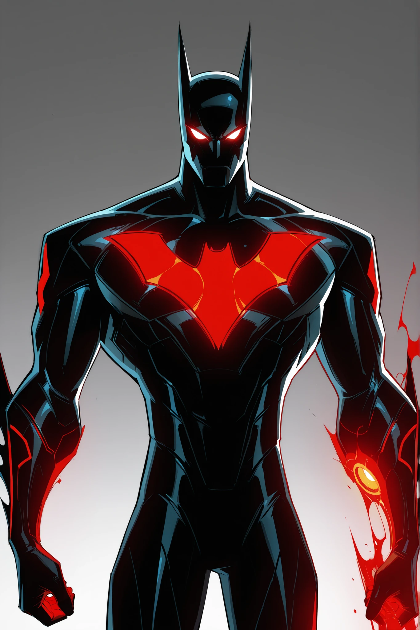 Batman beyond nanotech armour, red glowing reactor bat emblem on the chest, red glowing eyes, highly advanced armour, intricate design, sleek athletic body, 2.5D cartoon style, 8K ultra HD, high quality, front view, bold black outlines, white background 