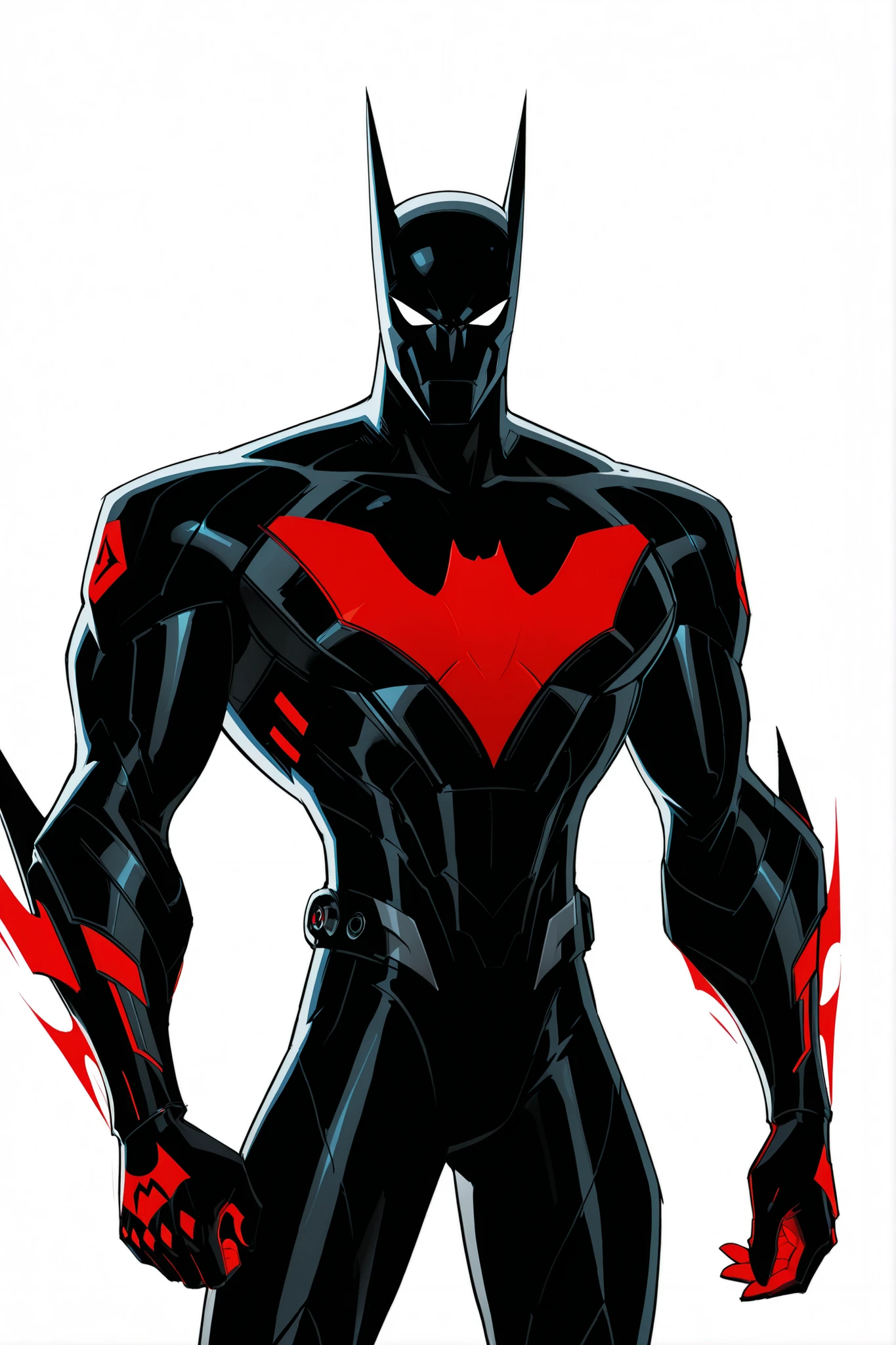 Batman beyond nanotech armour, red glowing reactor bat emblem on the chest, highly advanced armour, intricate design, sleek athletic body, 2.5D cartoon style, 8K ultra HD, high quality, front view, bold black outlines, white background 