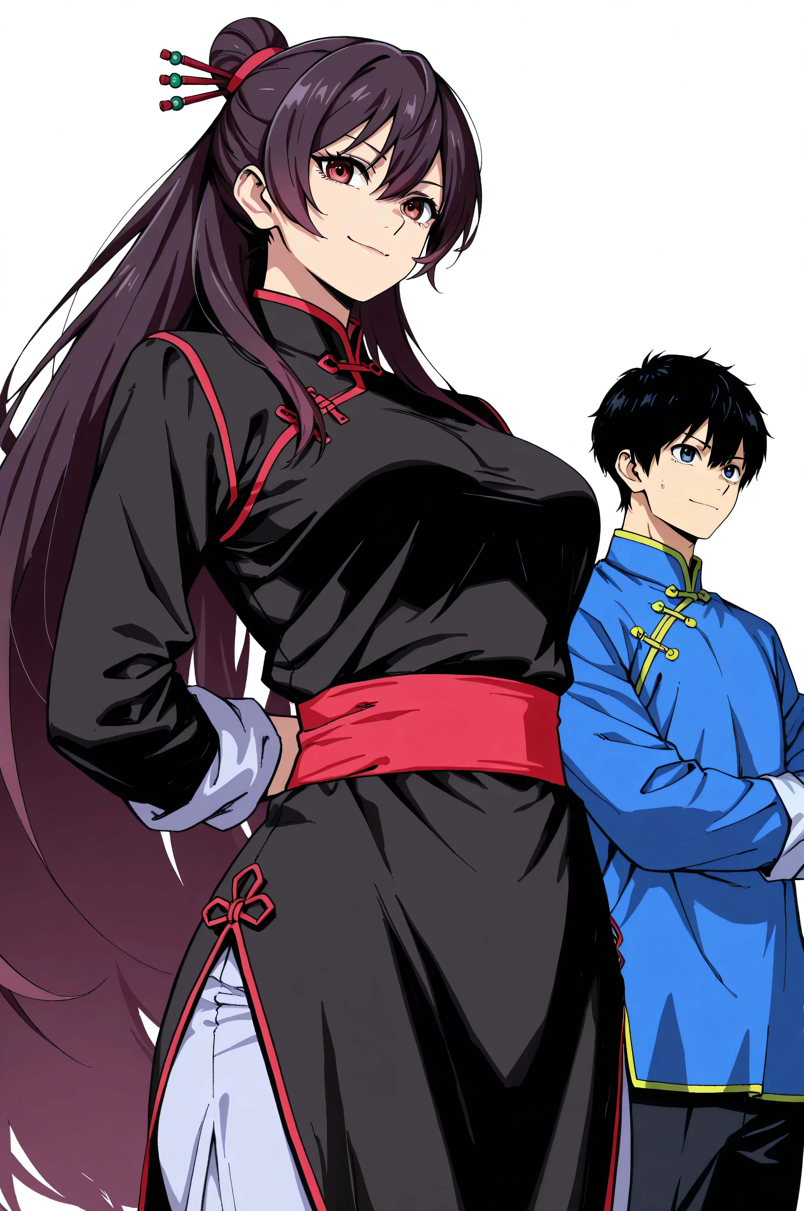 gsfghtr, chinese clothes,KungFuUniform,score_9, score_8_up, score_7_up, gsfghtr, 1girl, smile serious, kohei horitoshi, white background, mature female, anime style, pants, wong fei hung, breasts, 1boyfriend,