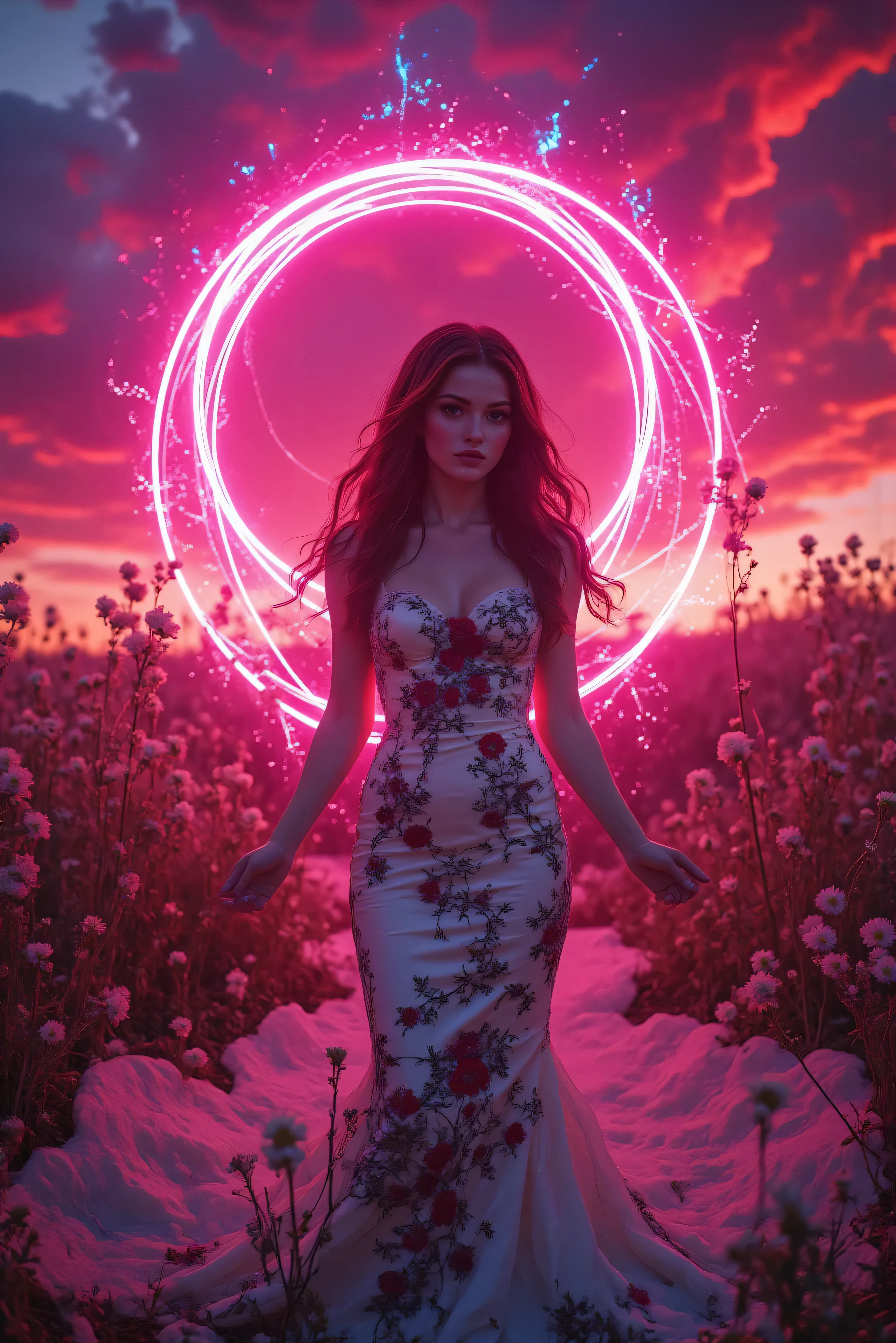 An ultra-attractive young woman with very long wavy brown hair wearing a white silk mermaid-style dress with a sweeping train and black and red embroidered floral pattern surrounded by a circle of hot pink ultra- brightness that swirls around her while tiny blue and neon green jagged electrical lines wrap and bend themselves around the hot pink circle of light. Strange flowering plants are reaching out for the woman. Ultra-realistic, photorealistic, cinematic photography, cinematic portrait, portrait photography, cinematic lighting and shadows, 8k, high-res, best quality, vivid colors, and whimsical details of the surreal atmosphere, experimental art, and extreme psychedelic psychotrance artwork, wired weirdcore, beautiful model, dramatic poses, striking presence, beautiful piercing eyes, pale skin, dark makeup, and expressive realistic facial features, intricate details of the highest quality, textured skin and hair, heavy cleavage, and deep red and purple billowing cumulus clouds in front of the setting sun. Cinematography, Conceptual Art, Fujicolor, Super Saturated Colored clouds, and sunset.