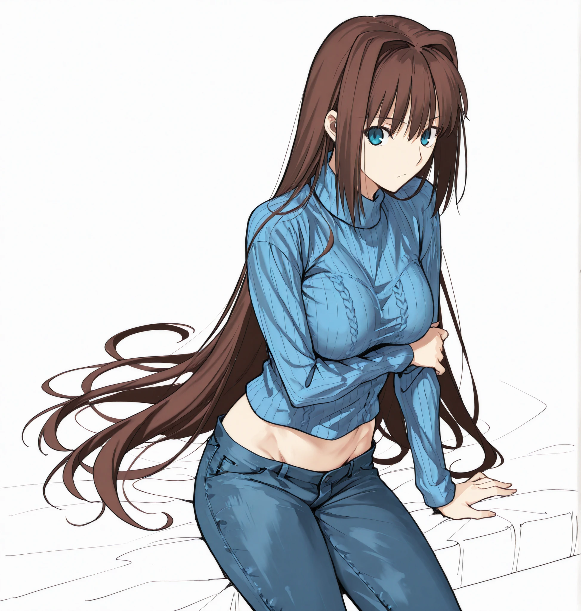 masterpiece, , absurdres, highres, detailed background, high resolution, necessary, detail, best quality, quality, details, High details, Precise, ,indoors, ((flat color:1.2)),(white background, simple background) , ,(from above), cowboy shot,
1girl, solo, (type-moon,) style, koyama hirokazu style, (aged up:1.2) , yokozuwari, sitting, (very long thighs),
tall girl, ,long arms,(slim body, ),aozaki aoko, ,, brown hair, long hair, dark blue eyes, hair intakes ,knit, blue knit, turtleneck, hold own arm, (groin) ,denim pants, long pants, arm under breasts ,looking at viewer, medium breasts, , ,