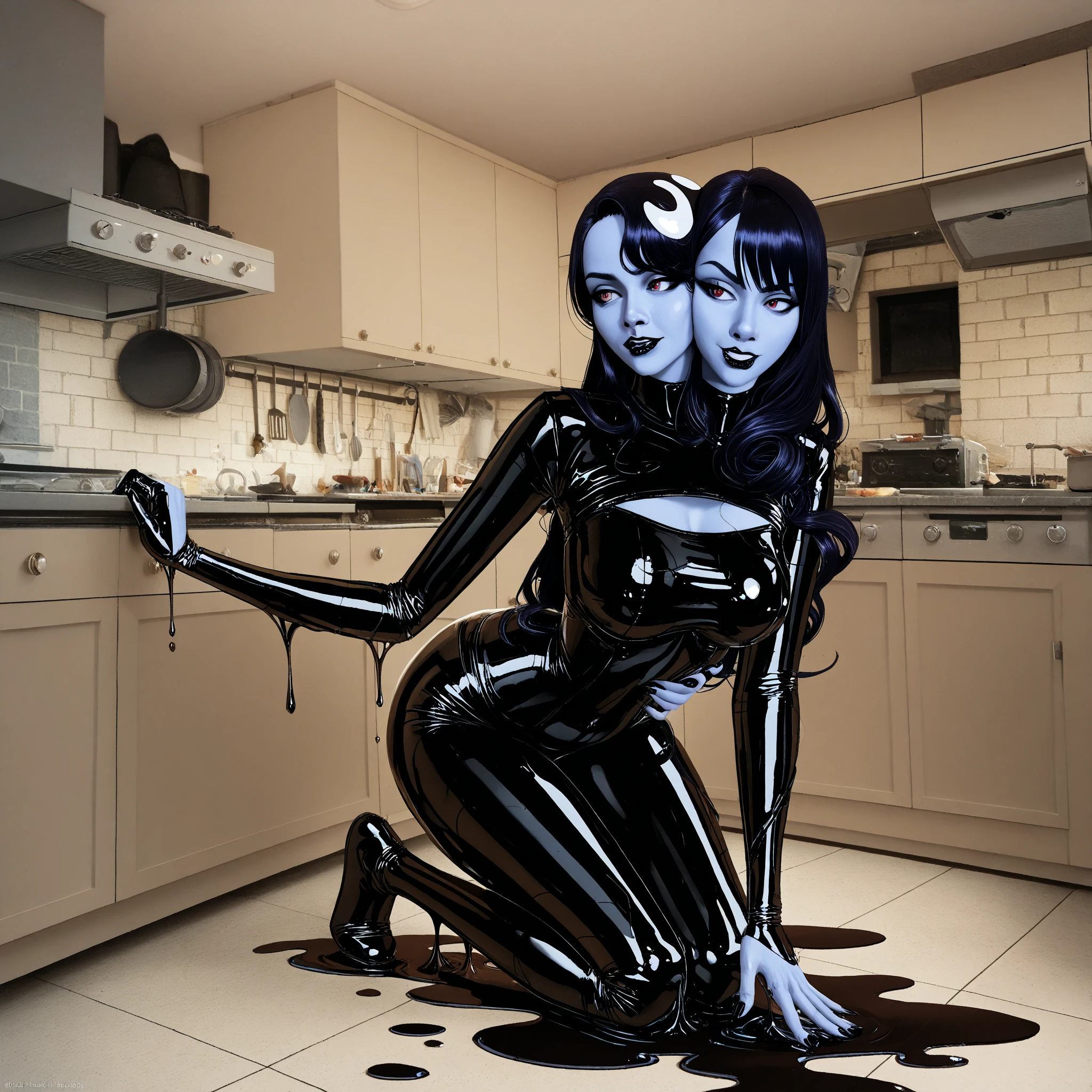 ((masterpiece)),  glossy skin, (Aletta ocean face), (gray skin:1.3) , ????, hot, cleavage, evil,juicy lips, bimbo, ((Elvira)), hair bangs, hour glass figure, black hair,  (slendered abs:1.4), wide eyes, black eyes, (????????????????:1.2), flowing hair, dark lighting, long hair, neck corn collar, (black dress), juicy lips, ((long black sleeves:1.2)), ((dress touches floor:1.3)), grey skin:1.2, (((smirk)))