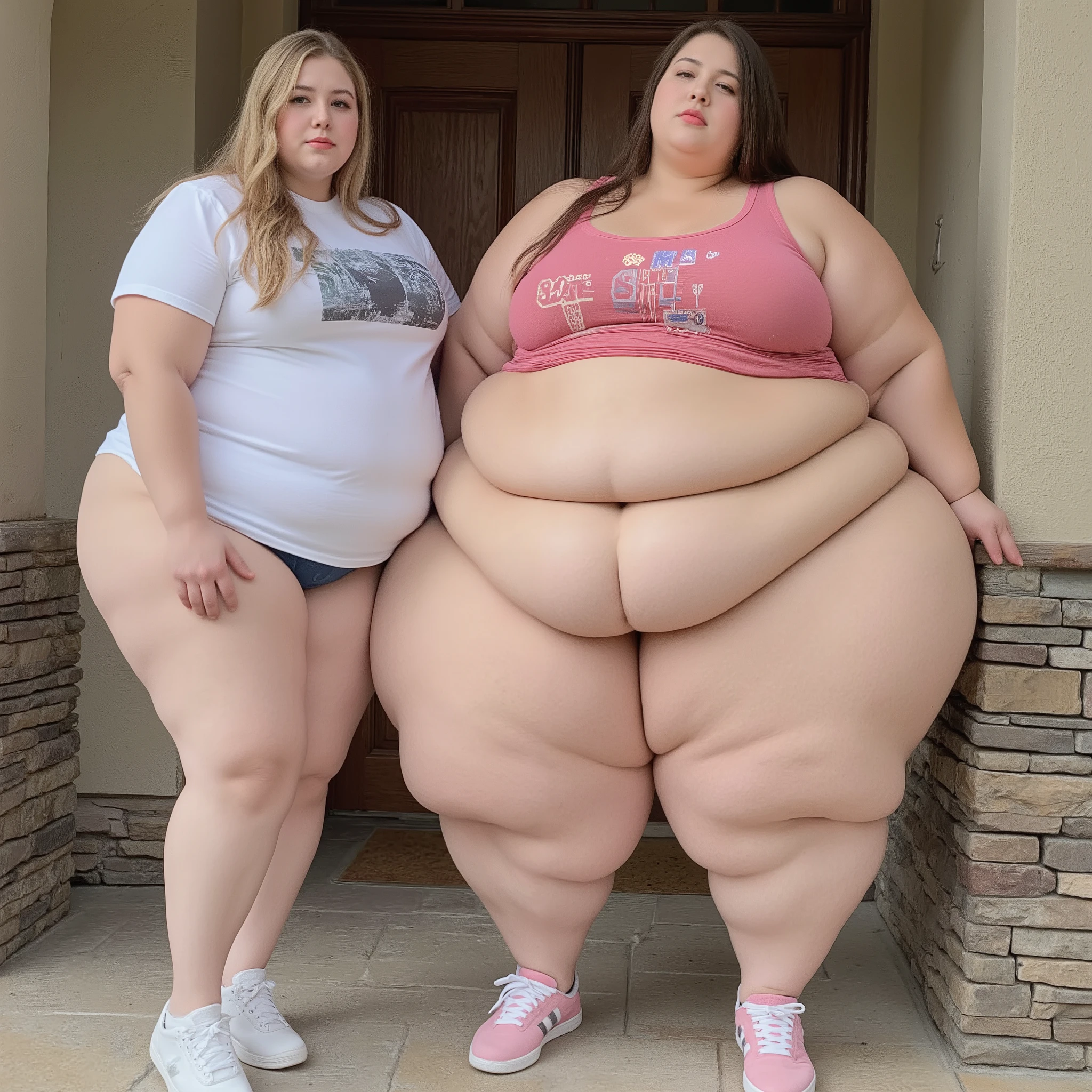 Photorealistic picture of a super morbidly obese woman standing next to skinny girl. Both girls are beautiful, gorgeous college sorority girls. The obese woman is an extremely fat, extremely mordbily obese, plus-sized woman with wide massive hips, a gigantic fat belly, belly hang, massive breasts, fat arms, extremely fat legs, fat thighs, natural plump lips. The skinny girl is petite.