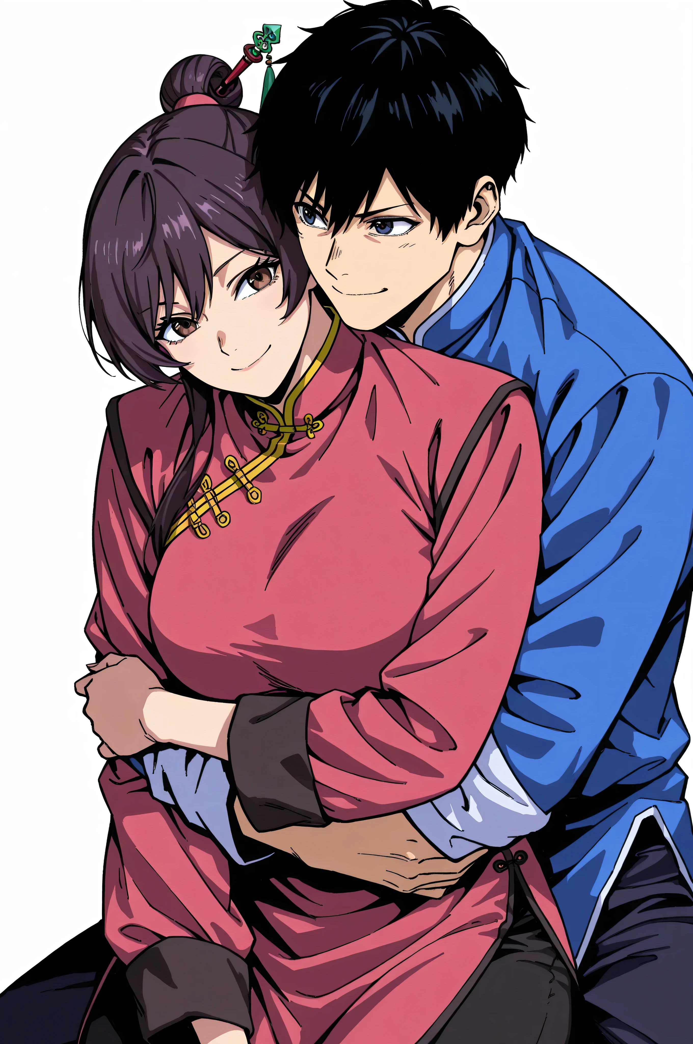 gsfghtr, chinese clothes,KungFuUniform,score_9, score_8_up, score_7_up, gsfghtr, 1girl, smile serious, kohei horitoshi, white background, mature female, anime style, pants, wong fei hung, 1boyfriend, hug,