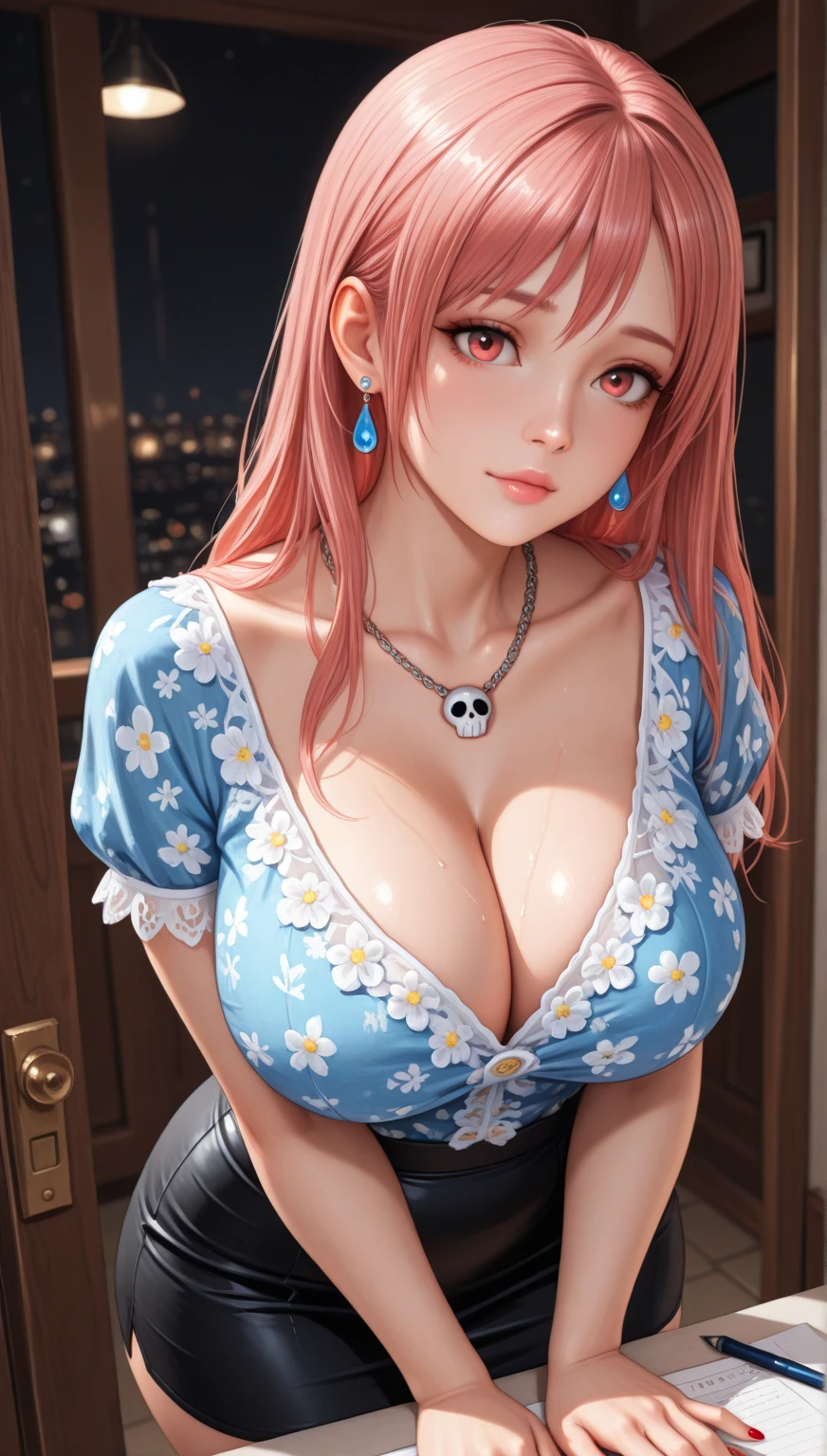 8k, ????, ????, high resolution, masterpiece, illustration, extreme detail, pink short hair, blue eyes, eyeliner, mascara, extra large ??????, exposed cleavage,blushing, laughing, happy, choker, blue sundress, skirt, dinner, inside restaurant, japanese food, sushi
