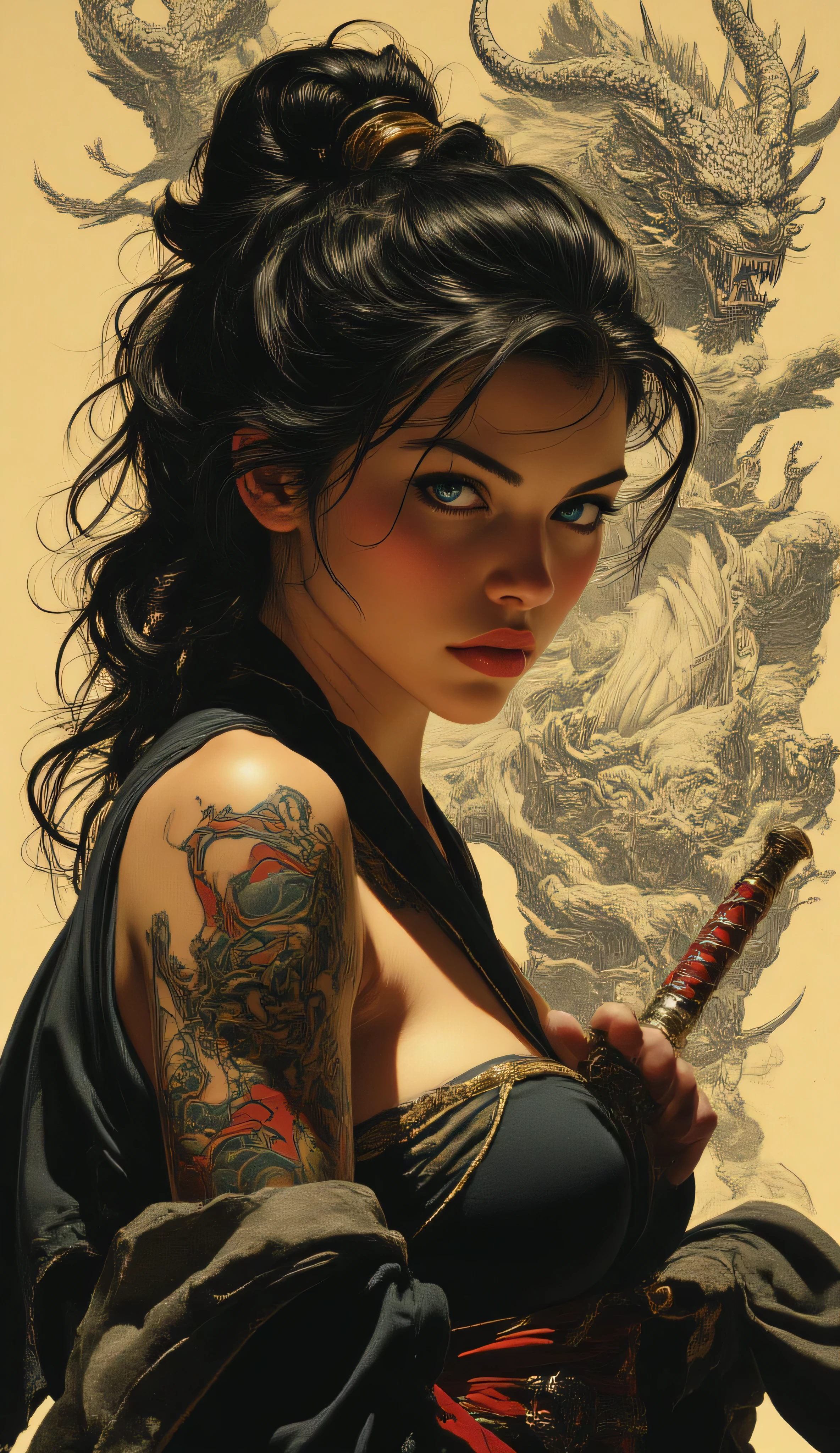 Portrait of a samurai warrior woman, intense and penetrating expression, vivid blue eyes, long flowing black hair. She wears a sleevesless and open black kimono. She holds a katana with a red hilt resting between her breasts, the tip pointing down. Complex Irezumi style tattoos (draghi e creature) su braccia, spalle e petto. Sfondo: Monochrome sketches of demons (Oni/Yokai) or dragons that support the figure. Dramatic and cinematic lighting, warm and golden hue (seppia/ottone). Stile artistico: Hyper-detailed photorealistic, illustrativo, High quality digital painting, science fiction art/fantasy. very high resolution, sharp focus, dettagli fini, shallow depth of field.