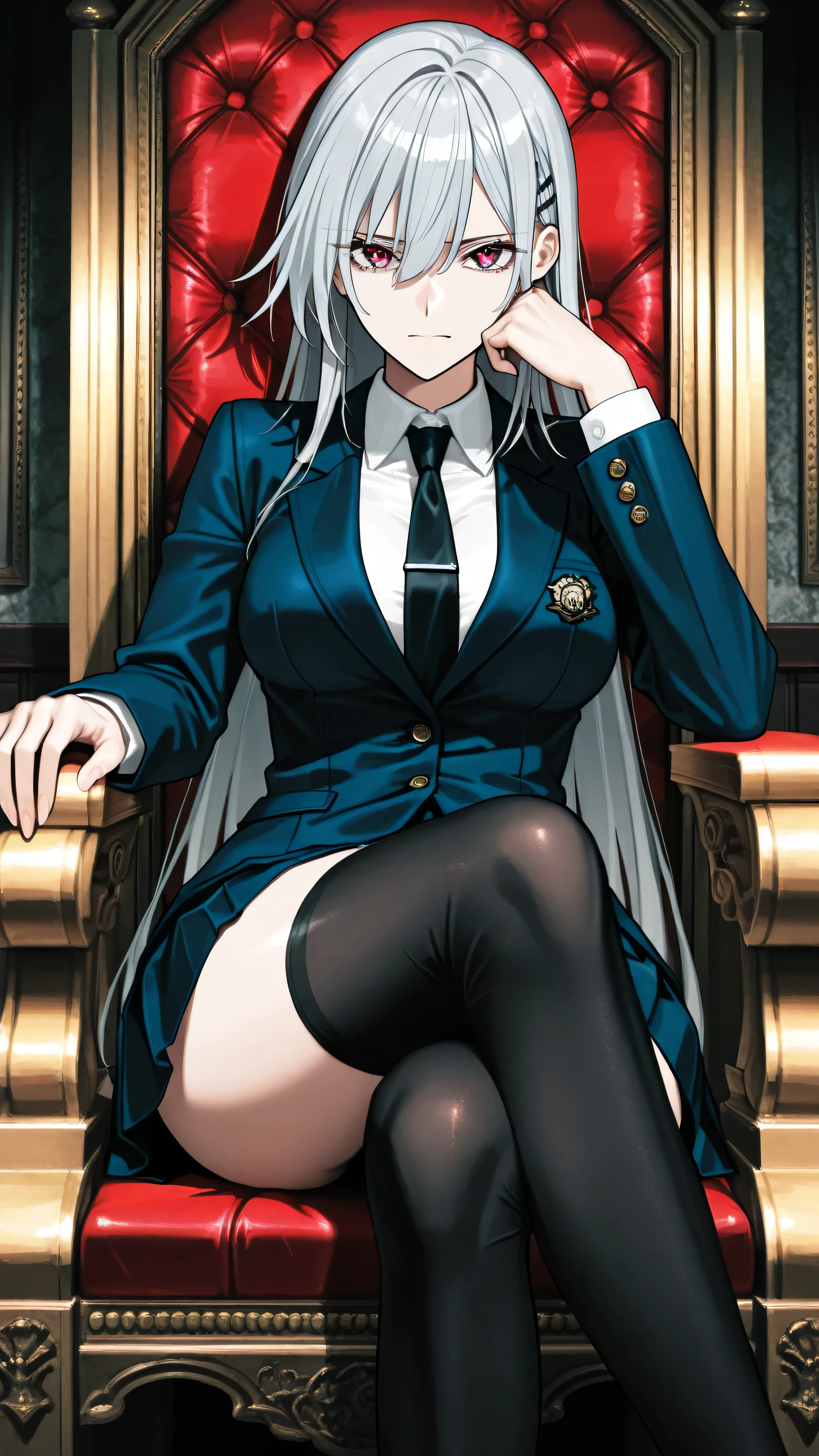 A tall, slender and graceful woman with long straight silver hair and sharp red eyes sits regally on a grand throne. Her gaze is cold, commanding, and filled with quiet superiority — the perfect tsun-tsun queenly gal aura. She wears a navy blue school uniform blazer with a white shirt and a dark necktie, paired with a short pleated skirt. Her long legs are elegantly crossed, clad in glossy black thigh-high socks that reach well above mid-thigh, leaving a small, tasteful gap of bare skin between the top of the socks and the edge of her skirt. One arm rests on the throne’s armrest as she supports her cheek with her hand, her posture effortless yet imposing. Captured from a low, reverent angle that accentuates her height and dominance, as if the viewer is kneeling before her. Her silver hair falls straight and smooth without movement, reflecting soft morning light with a cold gleam. Rendered in semi-realistic anime style with refined lighting, rich fabric textures, and a perfectly composed tsun-tsun expression of elegant authority.