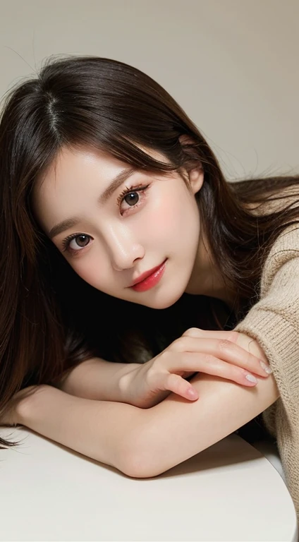 on the table, best quality, shape, Super detailed, Finely, high resolution, 8k wallpaper, 完璧なダイナミックな構shape, Beautiful and delicate eyes, Medium Length Hair, Small , Natural lipstick, Casual  pose,Smile,20 year old girl、midnight、Beautiful and detailed face、Perfect beautiful face,big eyes、original photo、Use the whole body to express female posture、Beautiful and delicate eyes、Small face、Beautiful duplex、Facelift and style,skirt、Beautiful golden ratio face,Long hair