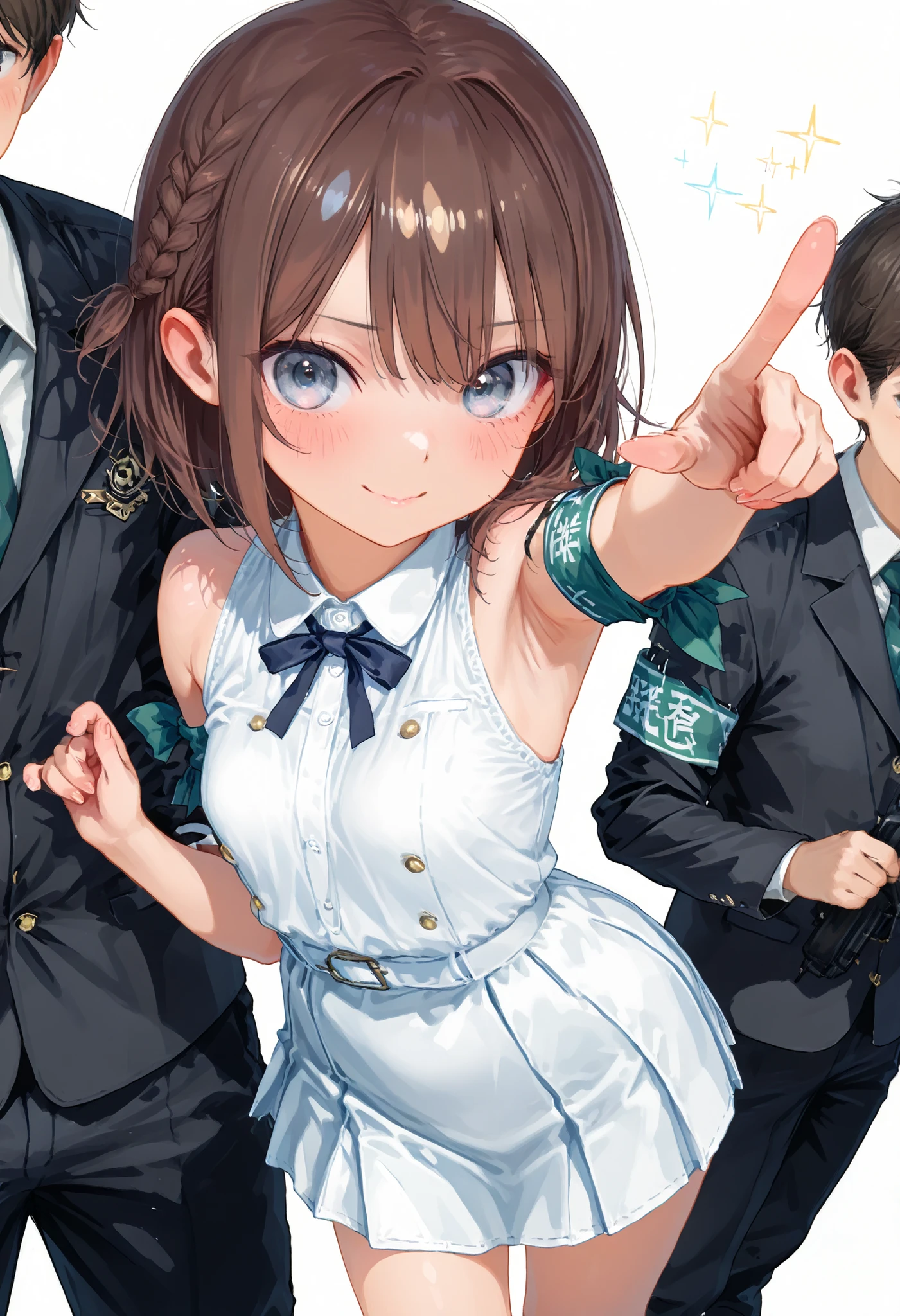 Little Girl with High Pressure Discipline Chairman,((from above:1.2)),(((Chairman of the Discipline Committee's armband))),cowboy shot on exposed armpits,About 150 centimeters,charismatic presence, Tall Boys Surrounding Her Surrounding Her Surrounding Area,Pointing and Instructing,4K High Resolution,High Dynamic Range,brown hair,shortcuts,unkempt hair,Short braided hair,Neat,slender beauty,correct attitude,small breasted,beautiful legs,The enchanting gray-blue eyes shine like stars,Saggy Eyes,Brilliant Colors,beautiful eyes,A delicate smile,Textured Skin,BEST QUALITY THE BEST,gentle and beautiful woman,anime style、Super Realistic Digital Illustration with Excellent Detail Description,Deep Tones,Dramatic Lighting,Precise Texturing,Little Girl with High Pressure Discipline Chairman, Chairman of the Discipline Committee's armband, About 150 centimeters, charismatic presence, Pointing at the Students, 4K Realistic Illustration, Extremely detailed down to the details, professional, Vivid Colors, Delicate Light and Shadow, Central Figure of the Disciplinary Committee, Strictly Instructing the Students, Coercive Behavior, Small but Strong Presence, Trying to solve school problems
