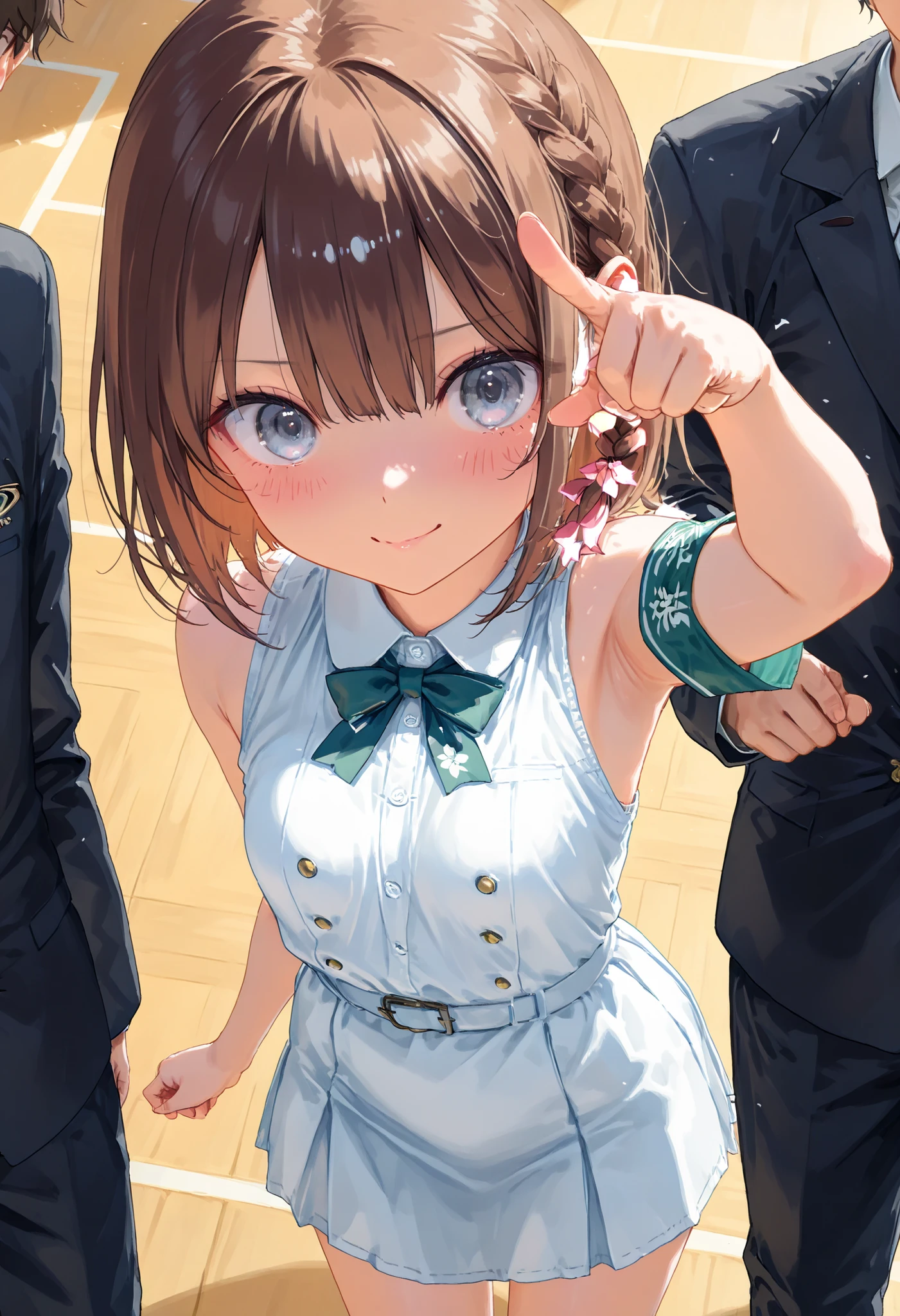 Little Girl with High Pressure Discipline Chairman,((from above:1.2)),(((Chairman of the Discipline Committee's armband))),cowboy shot on exposed armpits,About 150 centimeters,charismatic presence, Tall Boys Surrounding Her Surrounding Her Surrounding Area,Pointing and Instructing,4K High Resolution,High Dynamic Range,brown hair,shortcuts,unkempt hair,Short braided hair,Neat,slender beauty,correct attitude,small breasted,beautiful legs,The enchanting gray-blue eyes shine like stars,Saggy Eyes,Brilliant Colors,beautiful eyes,A delicate smile,Textured Skin,BEST QUALITY THE BEST,gentle and beautiful woman,anime style、Super Realistic Digital Illustration with Excellent Detail Description,Deep Tones,Dramatic Lighting,Precise Texturing,Little Girl with High Pressure Discipline Chairman, Chairman of the Discipline Committee's armband, About 150 centimeters, charismatic presence, Pointing at the Students, 4K Realistic Illustration, Extremely detailed down to the details, professional, Vivid Colors, Delicate Light and Shadow, Central Figure of the Disciplinary Committee, Strictly Instructing the Students, Coercive Behavior, Small but Strong Presence, Trying to solve school problems