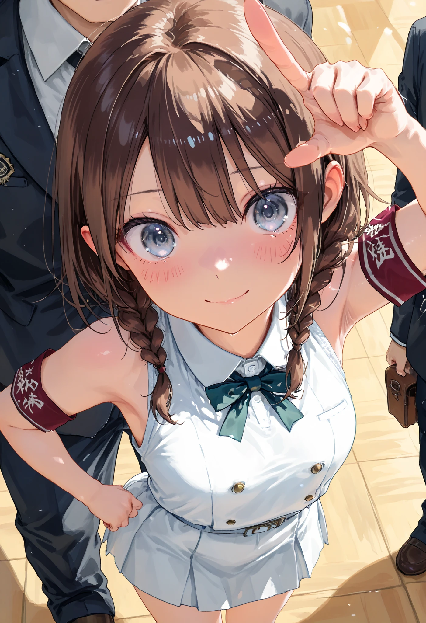 Little Girl with High Pressure Discipline Chairman,((from above:1.2)),(((Chairman of the Discipline Committee's armband))),cowboy shot on exposed armpits,About 150 centimeters,charismatic presence, Tall Boys Surrounding Her Surrounding Her Surrounding Area,Pointing and Instructing,4K High Resolution,High Dynamic Range,brown hair,shortcuts,unkempt hair,Short braided hair,Neat,slender beauty,correct attitude,small breasted,beautiful legs,The enchanting gray-blue eyes shine like stars,Saggy Eyes,Brilliant Colors,beautiful eyes,A delicate smile,Textured Skin,BEST QUALITY THE BEST,gentle and beautiful woman,anime style、Super Realistic Digital Illustration with Excellent Detail Description,Deep Tones,Dramatic Lighting,Precise Texturing,Little Girl with High Pressure Discipline Chairman, Chairman of the Discipline Committee's armband, About 150 centimeters, charismatic presence, Pointing at the Students, 4K Realistic Illustration, Extremely detailed down to the details, professional, Vivid Colors, Delicate Light and Shadow, Central Figure of the Disciplinary Committee, Strictly Instructing the Students, Coercive Behavior, Small but Strong Presence, Trying to solve school problems