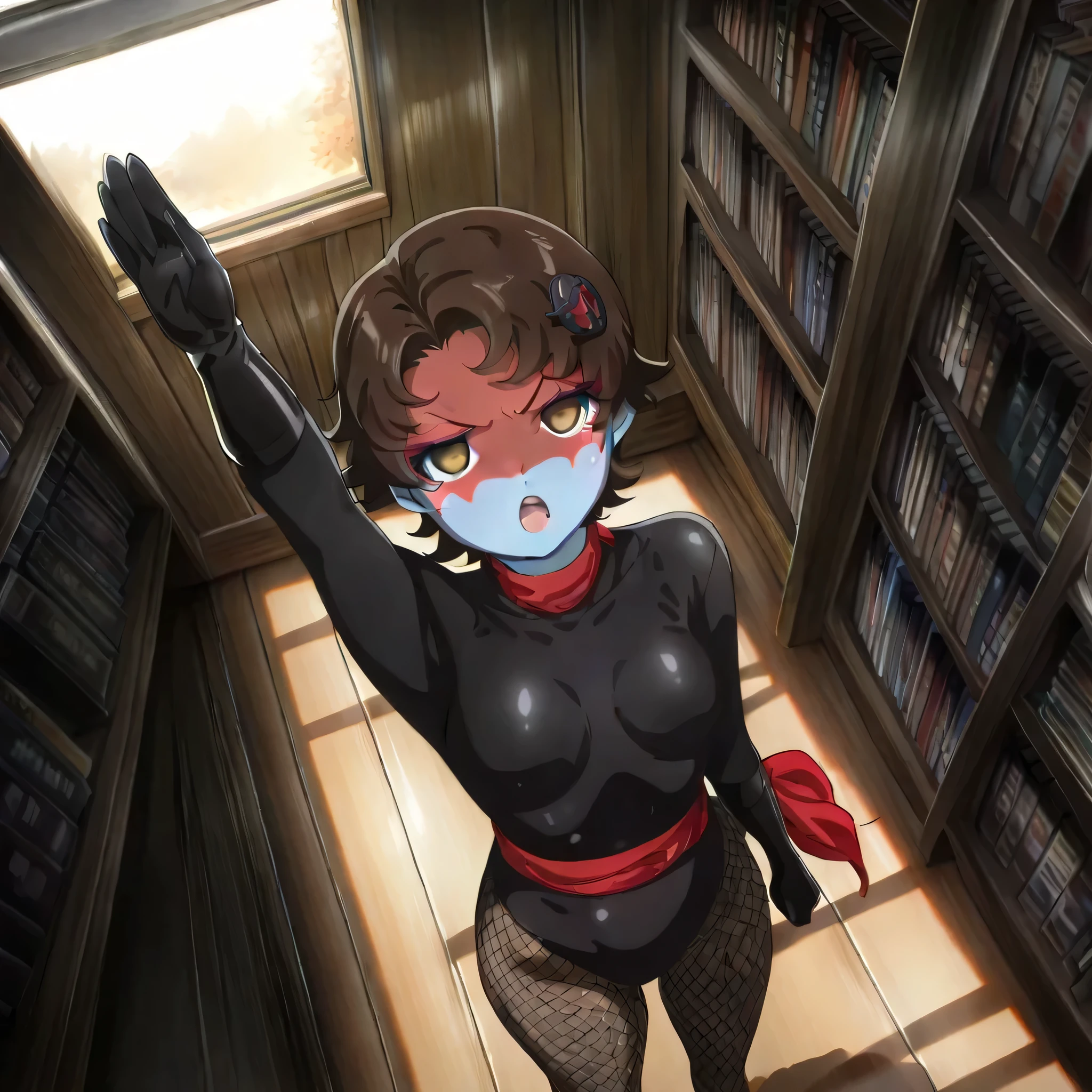 (((Masterpiece))), (((Best Quality))), ((Super Detail)), ultra-High resolution, score_9,score_8_up,score_7_up,score_6_up,score_5_up,score_4_up, BREAK, source_anime, anime screencap, uncensored, Masterpiece, (best shadow), (absurdres), (detailed background), (very aesthetic), detailed beautiful eyes, outstanding, an exquisite animation illustration, curvy, highres, shiny clothing, dark persona, empty eyes, blank eyes, shocker, black leotard, latex elbow gloves, brown fishnet pantyhose, blue skin, colored skin, red sash, makeup, shaded face, red skin, (((solo, 1girl))), hair ornament, seductive pose, submissive pose, anime style, anime coloring, animification, megami magazine, sexy pose, small breast, kannaww, brown eyes, brown hair, short hair, parted bangs, dynamic angle, cinematic angle, dutch angle, open mouth, dusk, evening, dappled light, sunbeam, elegant pose, calm expression, delicate features, soft lighting, window light, warm lighting, room, wood room, book, bookshelf, messy room, salute, saluting, standing, standing at attention, standing still, looking ahead, serious, determined, proudly, shocker salute, hand up, arm up, speed line, motion line, powerful, roar, armpit, looking from above, view from above, from above