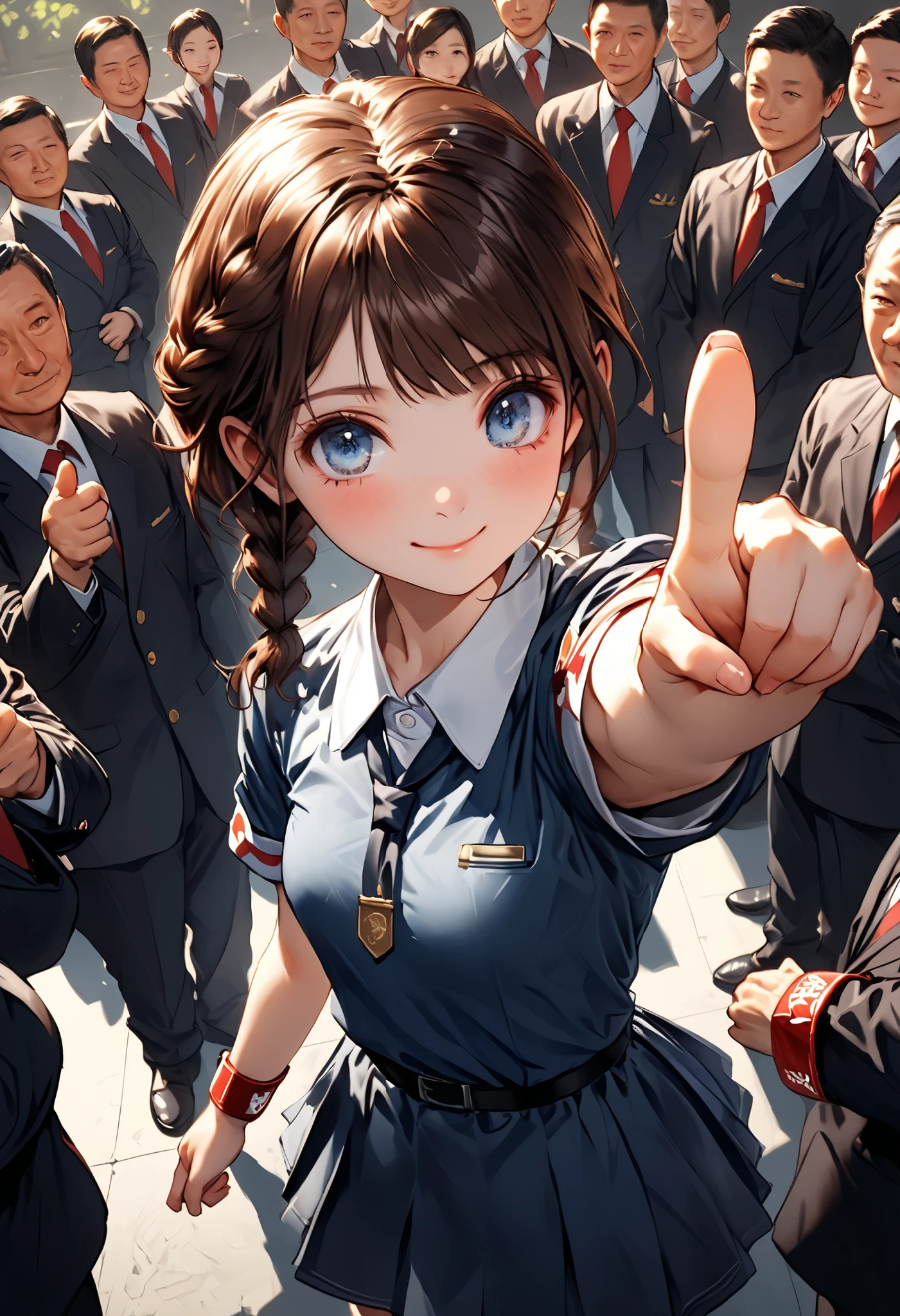 Little Girl with High Pressure Discipline Chairman,((from above:1.2)),(((Chairman of the Discipline Committee's armband))),cowboy shot on exposed armpits,About 150 centimeters,charismatic presence, Tall male high school students surround the surroundings,Pointing and Instructing,4K High Resolution,High Dynamic Range,brown hair,shortcuts,unkempt hair,Short braided hair,Neat,slender beauty,correct attitude,small breasted,beautiful legs,The enchanting gray-blue eyes shine like stars,Saggy Eyes,Brilliant Colors,beautiful eyes,A delicate smile,Textured Skin,BEST QUALITY THE BEST,gentle and beautiful woman,anime style、Super Realistic Digital Illustration with Excellent Detail Description,Deep Tones,Dramatic Lighting,Precise Texturing,Little Girl with High Pressure Discipline Chairman, Chairman of the Discipline Committee's armband, About 150 centimeters, charismatic presence, Pointing at the Students, 4K Realistic Illustration, Extremely detailed down to the details, professional, Vivid Colors, Delicate Light and Shadow, Central Figure of the Disciplinary Committee, Strictly Instructing the Students, Coercive Behavior, Small but Strong Presence, Trying to solve school problems
