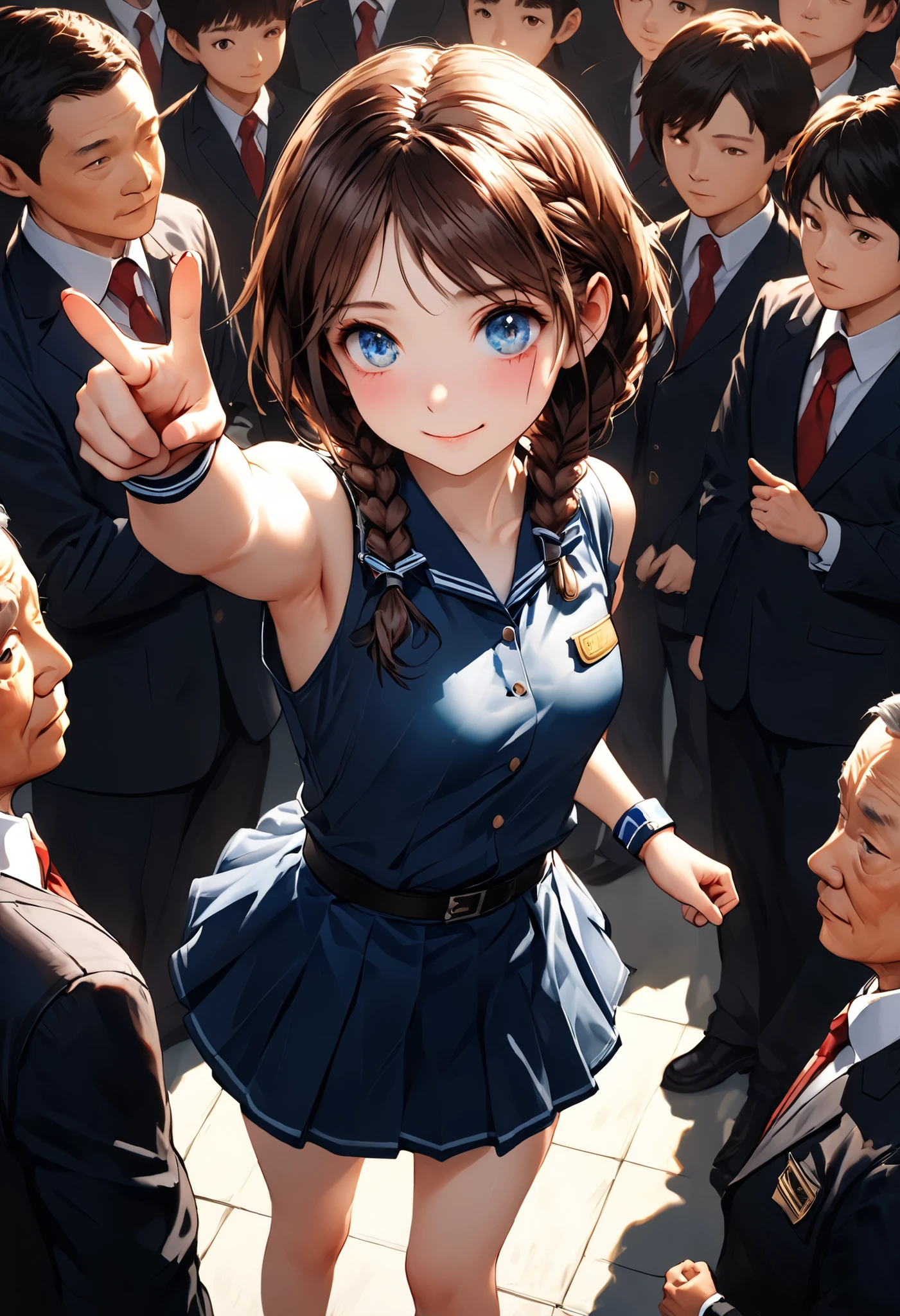 Little Girl with High Pressure Discipline Chairman,((from above:1.2)),(((Chairman of the Discipline Committee's armband))),cowboy shot on exposed armpits,About 150 centimeters,charismatic presence, Tall male high school students surround the surroundings,Pointing and Instructing,4K High Resolution,High Dynamic Range,brown hair,shortcuts,unkempt hair,Short braided hair,Neat,slender beauty,correct attitude,small breasted,beautiful legs,The enchanting gray-blue eyes shine like stars,Saggy Eyes,Brilliant Colors,beautiful eyes,A delicate smile,Textured Skin,BEST QUALITY THE BEST,gentle and beautiful woman,anime style、Super Realistic Digital Illustration with Excellent Detail Description,Deep Tones,Dramatic Lighting,Precise Texturing,Little Girl with High Pressure Discipline Chairman, Chairman of the Discipline Committee's armband, About 150 centimeters, charismatic presence, Pointing at the Students, 4K Realistic Illustration, Extremely detailed down to the details, professional, Vivid Colors, Delicate Light and Shadow, Central Figure of the Disciplinary Committee, Strictly Instructing the Students, Coercive Behavior, Small but Strong Presence, Trying to solve school problems