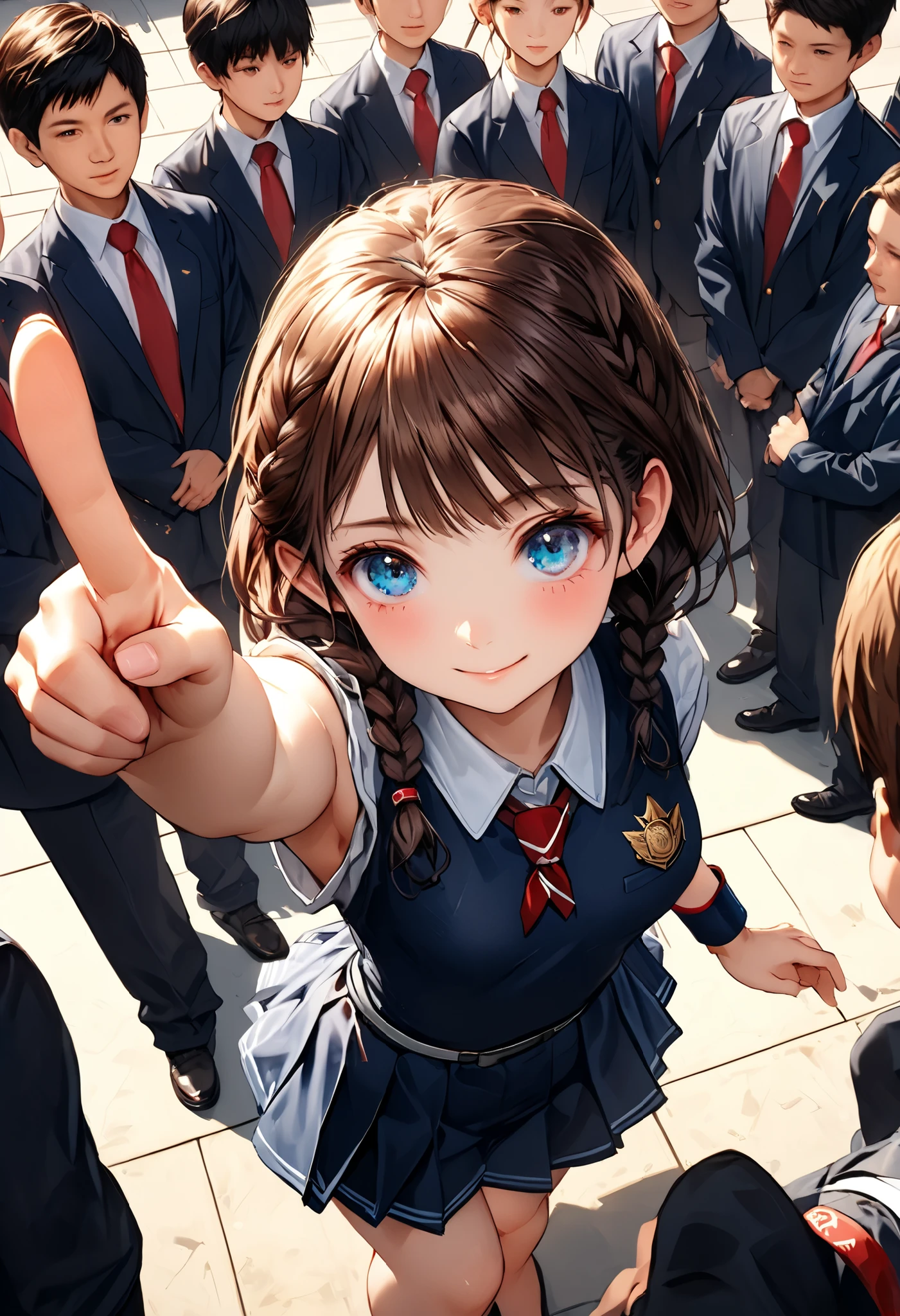 Little Girl with High Pressure Discipline Chairman,((from above:1.2)),(((Chairman of the Discipline Committee's armband))),cowboy shot on exposed armpits,About 150 centimeters,charismatic presence, Tall male high school students surround the surroundings,Pointing and Instructing,4K High Resolution,High Dynamic Range,brown hair,shortcuts,unkempt hair,Short braided hair,Neat,slender beauty,correct attitude,small breasted,beautiful legs,The enchanting gray-blue eyes shine like stars,Saggy Eyes,Brilliant Colors,beautiful eyes,A delicate smile,Textured Skin,BEST QUALITY THE BEST,gentle and beautiful woman,anime style、Super Realistic Digital Illustration with Excellent Detail Description,Deep Tones,Dramatic Lighting,Precise Texturing,Little Girl with High Pressure Discipline Chairman, Chairman of the Discipline Committee's armband, About 150 centimeters, charismatic presence, Pointing at the Students, 4K Realistic Illustration, Extremely detailed down to the details, professional, Vivid Colors, Delicate Light and Shadow, Central Figure of the Disciplinary Committee, Strictly Instructing the Students, Coercive Behavior, Small but Strong Presence, Trying to solve school problems