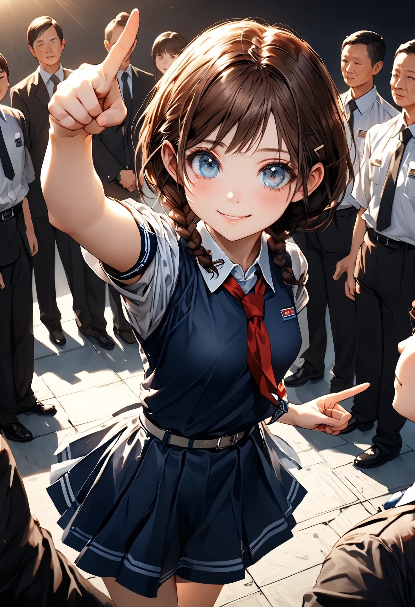 Little Girl with High Pressure Discipline Chairman,((from above:1.2)),(((Chairman of the Discipline Committee's armband))),cowboy shot on exposed armpits,About 150 centimeters,charismatic presence, Tall male high school students surround the surroundings,Pointing and Instructing,4K High Resolution,High Dynamic Range,brown hair,shortcuts,unkempt hair,Short braided hair,Neat,slender beauty,correct attitude,small breasted,beautiful legs,The enchanting gray-blue eyes shine like stars,Saggy Eyes,Brilliant Colors,beautiful eyes,A delicate smile,Textured Skin,BEST QUALITY THE BEST,gentle and beautiful woman,anime style、Super Realistic Digital Illustration with Excellent Detail Description,Deep Tones,Dramatic Lighting,Precise Texturing,Little Girl with High Pressure Discipline Chairman, Chairman of the Discipline Committee's armband, About 150 centimeters, charismatic presence, Pointing at the Students, 4K Realistic Illustration, Extremely detailed down to the details, professional, Vivid Colors, Delicate Light and Shadow, Central Figure of the Disciplinary Committee, Strictly Instructing the Students, Coercive Behavior, Small but Strong Presence, Trying to solve school problems