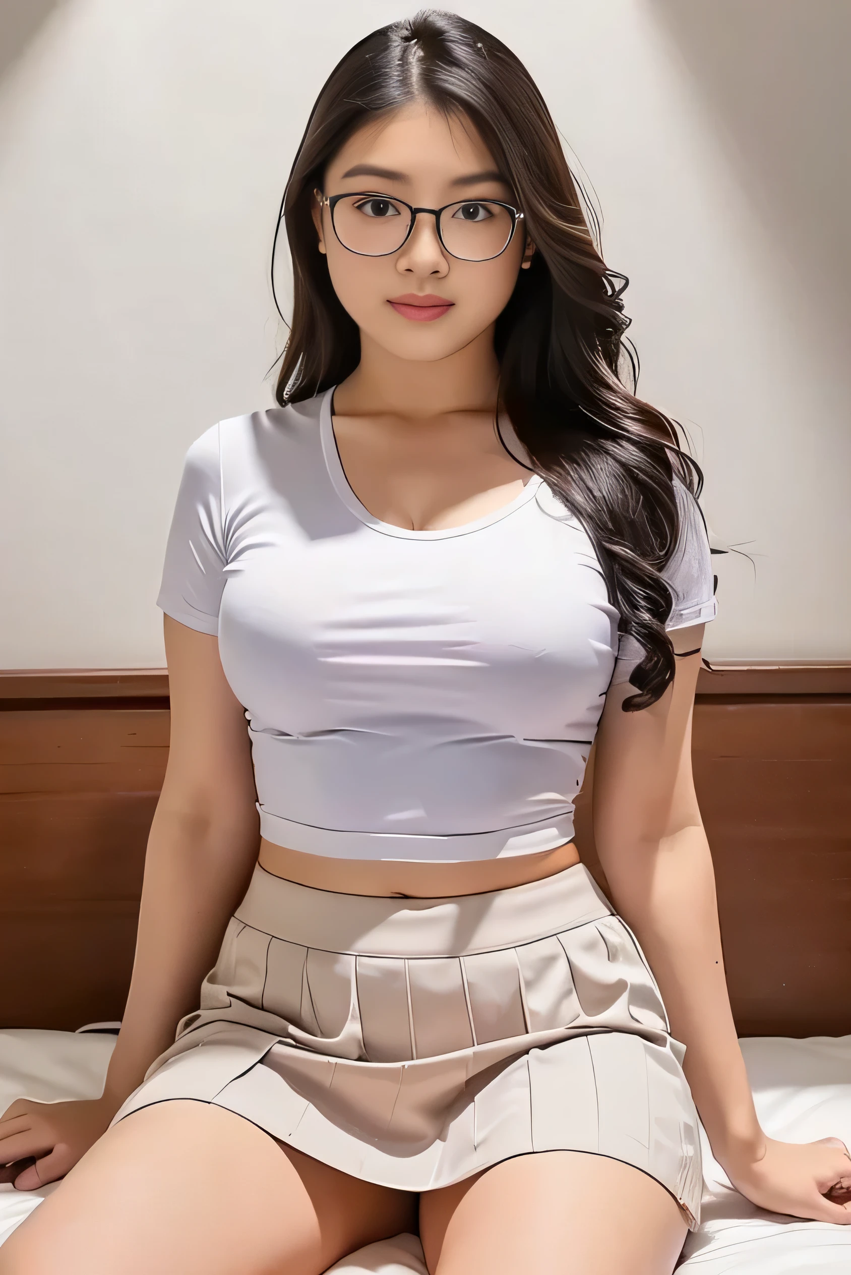 1girl, solo, sensual woman, clear lighting, (Indonesian_high_school), professional body size, Classroom, pose on bed, sitting on bed, detailed face, wearing glasses, detailed eyes, in the middle, unparalleled beauty, looking at the camera , thick breasts, detailed skin, Sixpack abs, looking at the audience, wearing white tight t-shirt, wearing white short skirt, (8k, RAW photo, best quality, masterpiece: 1.3), (realistic, realistic: 1.37), ultra-high resolution, full body shot