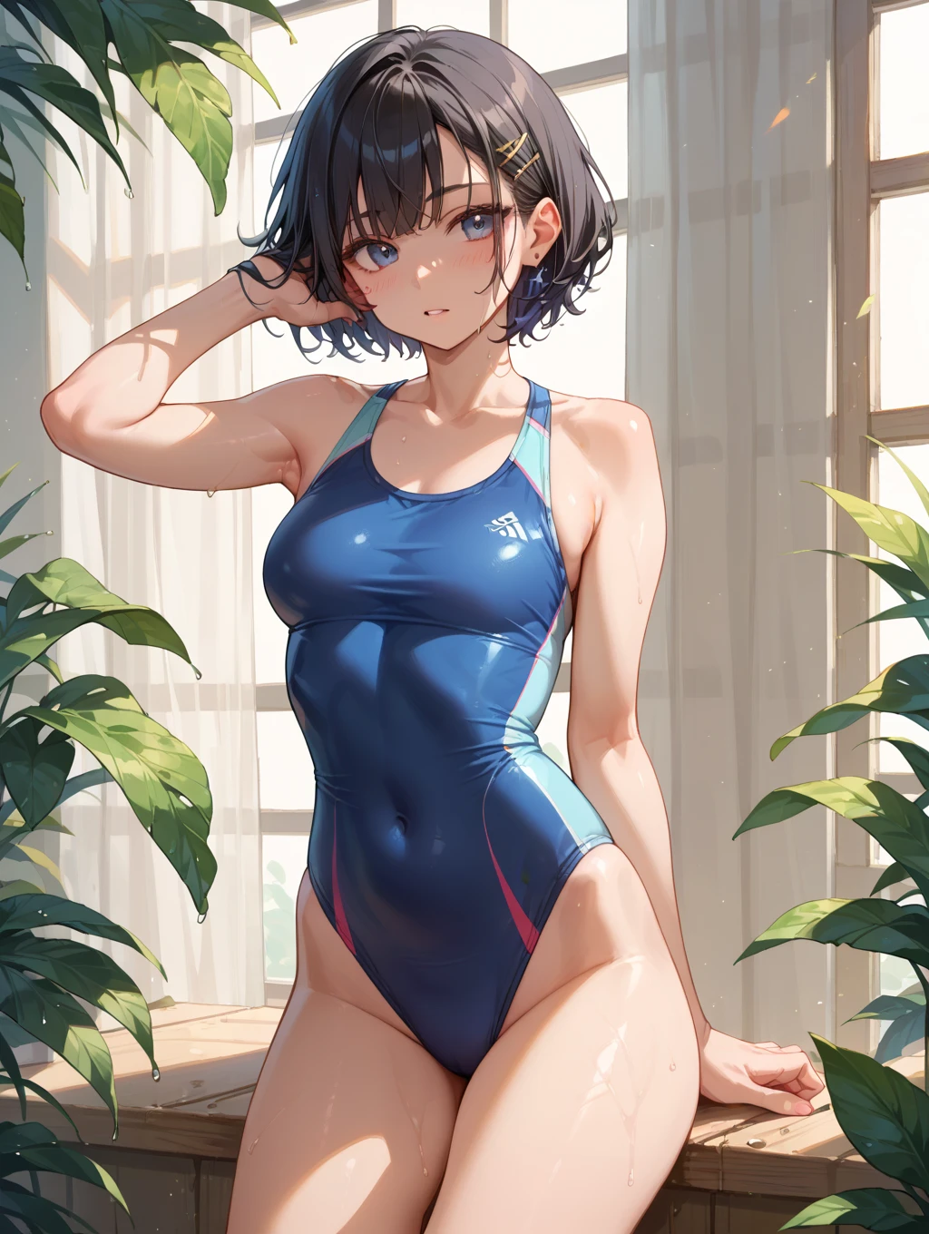 Slender beautiful girl, alone, swimsuit swimsuit, high resolution, top quality, fine details, do not blush cheeks, knee high, short hair