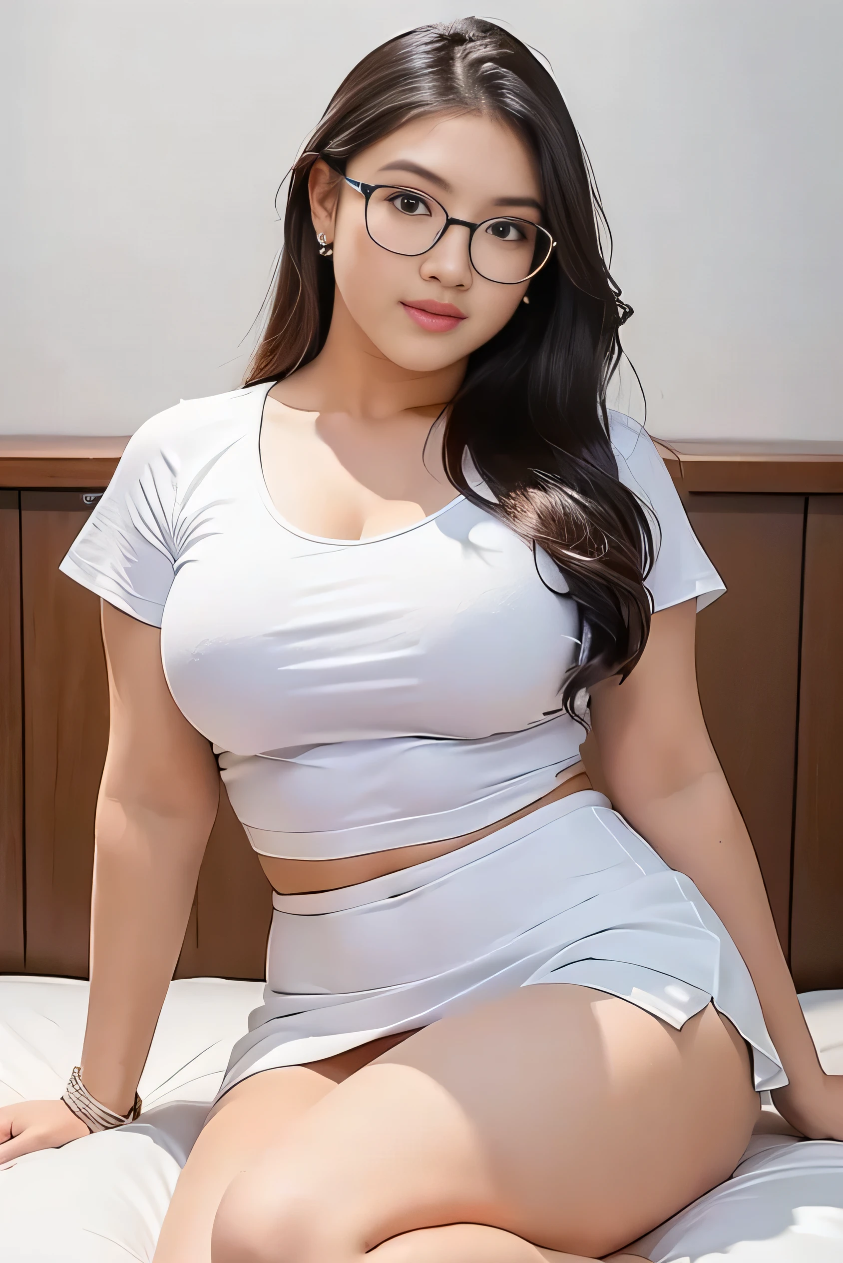 1girl, solo, sensual woman, clear lighting, (Indonesian_high_school), semi-curvy body, Classroom, pose on bed, sitting on bed, detailed face, wearing glasses, detailed eyes, in the middle, unparalleled beauty, looking at the camera , thick breasts, detailed skin, Sixpack abs, looking at the audience, wearing white tight t-shirt, wearing white short skirt, (8k, RAW photo, best quality, masterpiece: 1.3), (realistic, realistic: 1.37), ultra-high resolution, full body shot